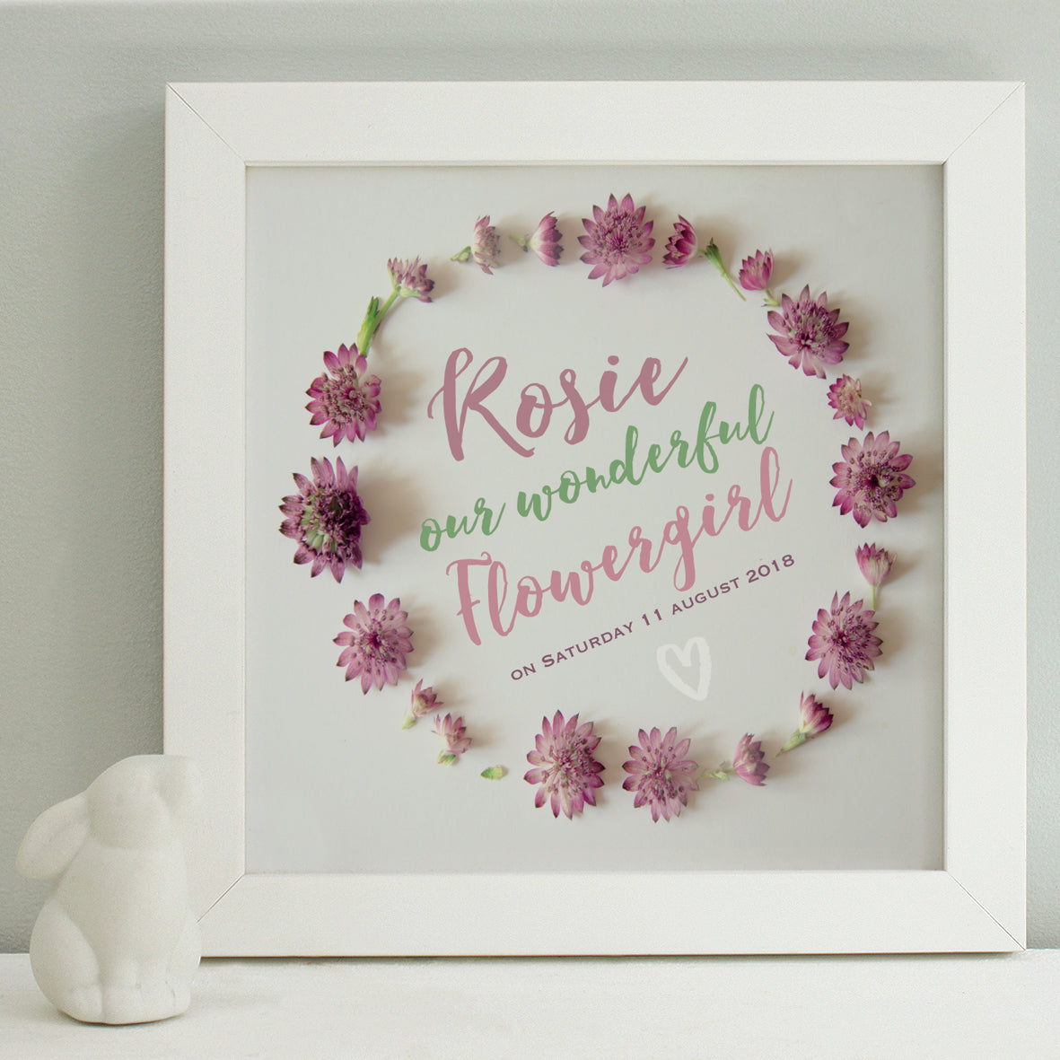 personalised separate daisies bridesmaid print, white frame