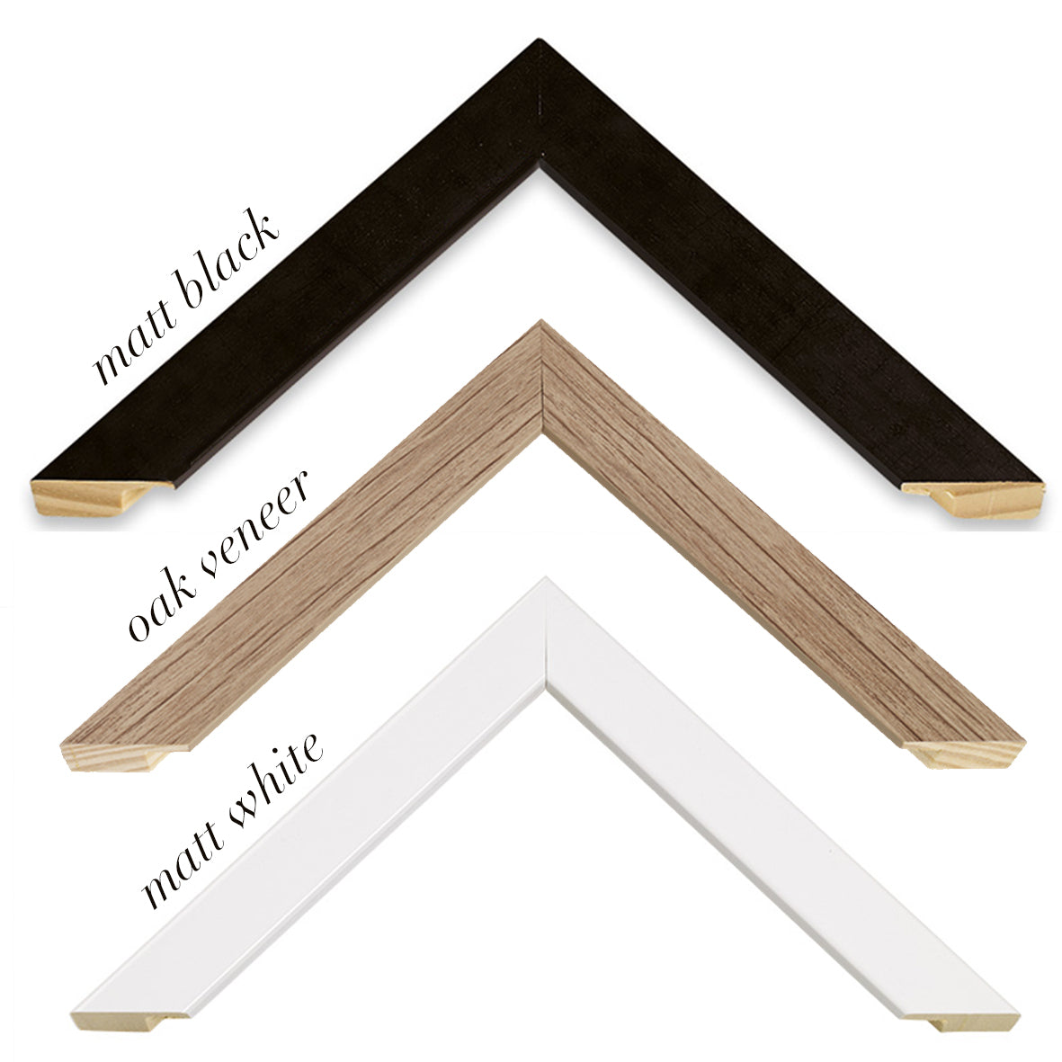 three wooden sample frames, matt black, oak veneer and white matt