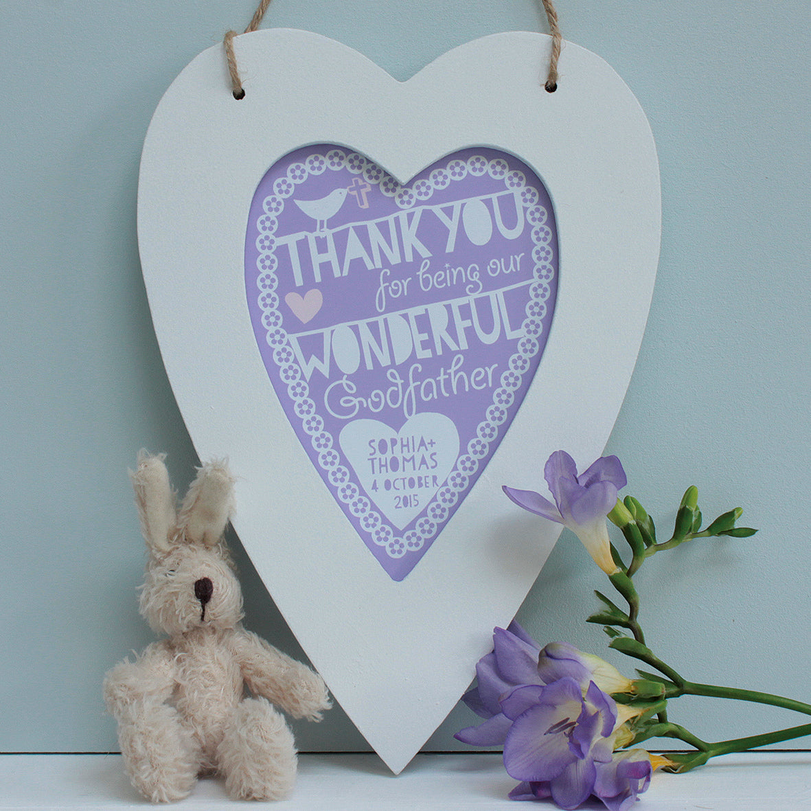 personalised purple haze godparents print, white heart frame