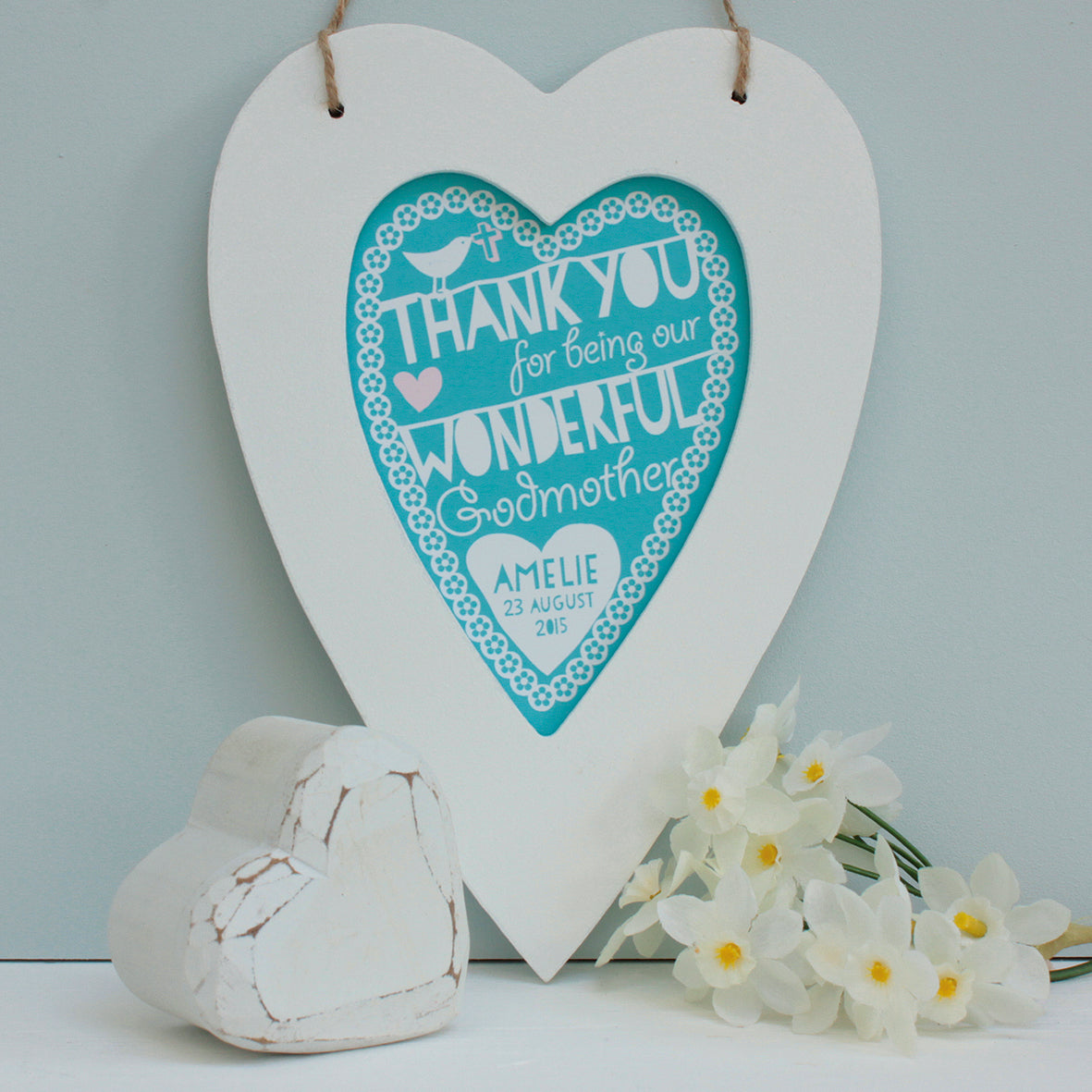 personalised aqua godparents print, white heart frame
