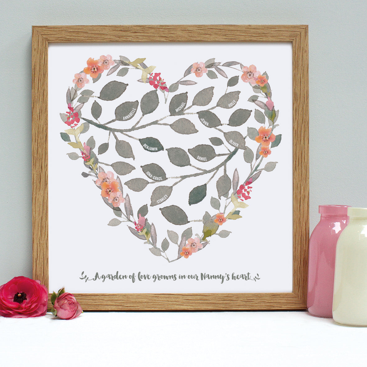personalised grandmother heart print, peach, oak frame