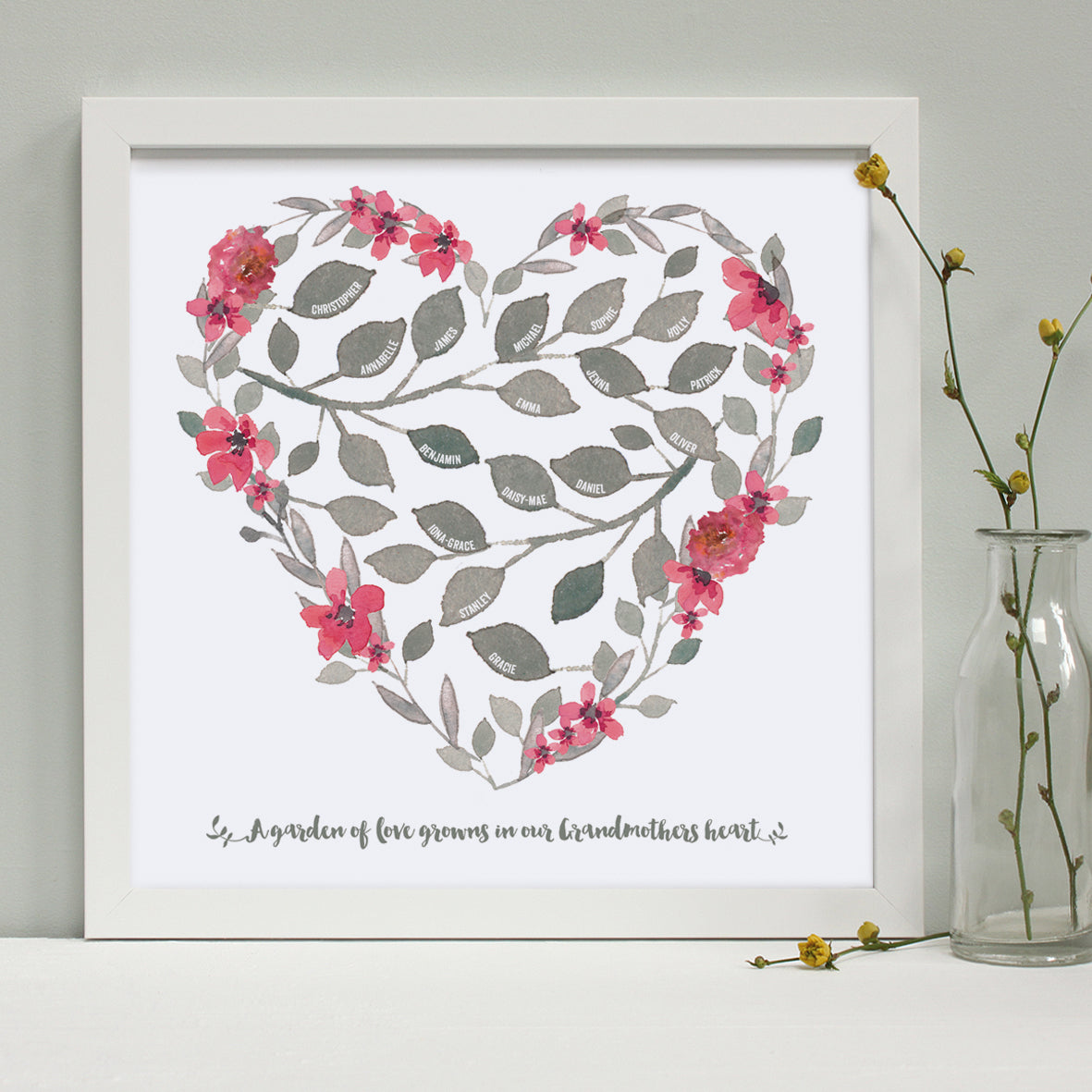 personalised grandmother heart print, dark pink flowers, white frame