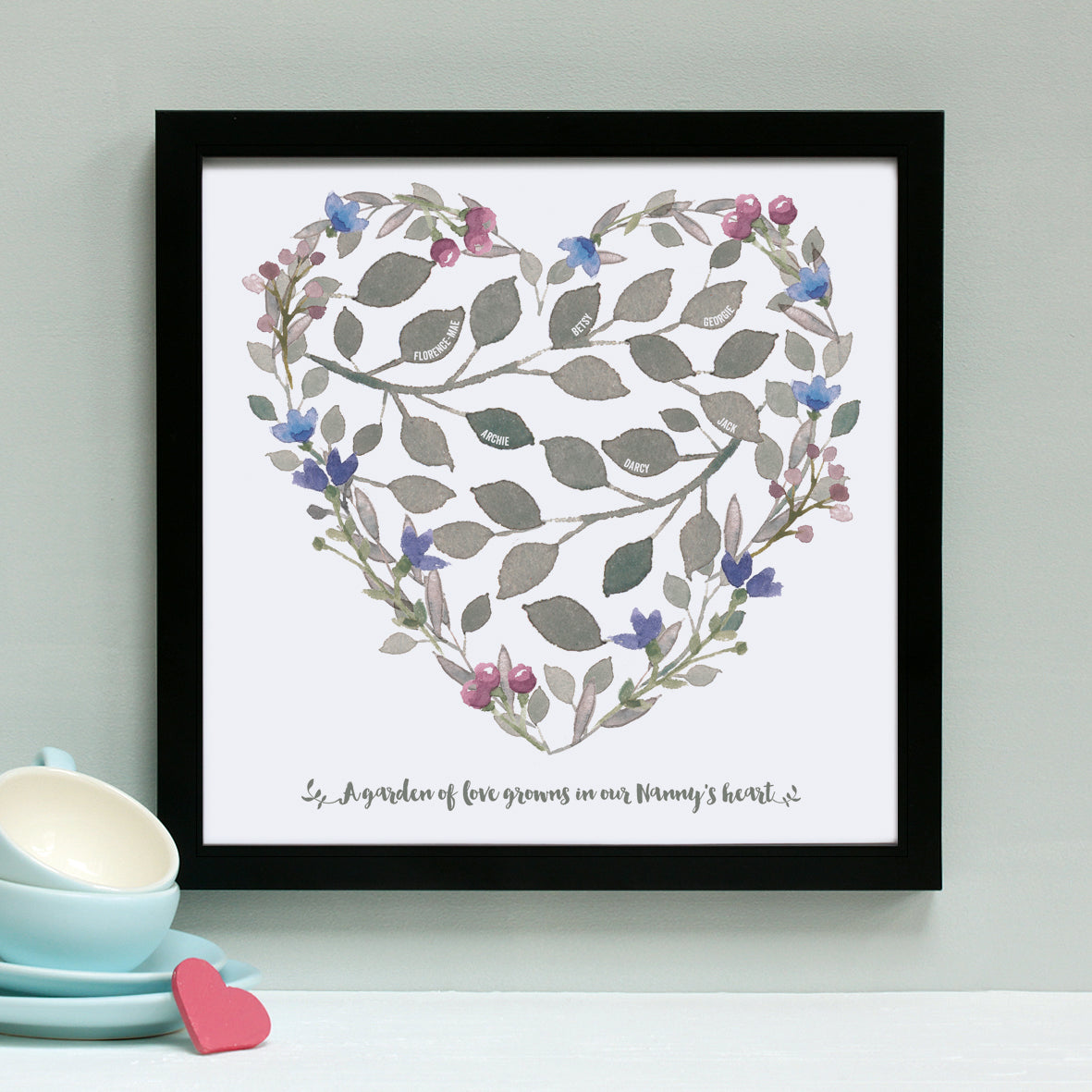 personalised grandmother heart print, purple and blue, black frame