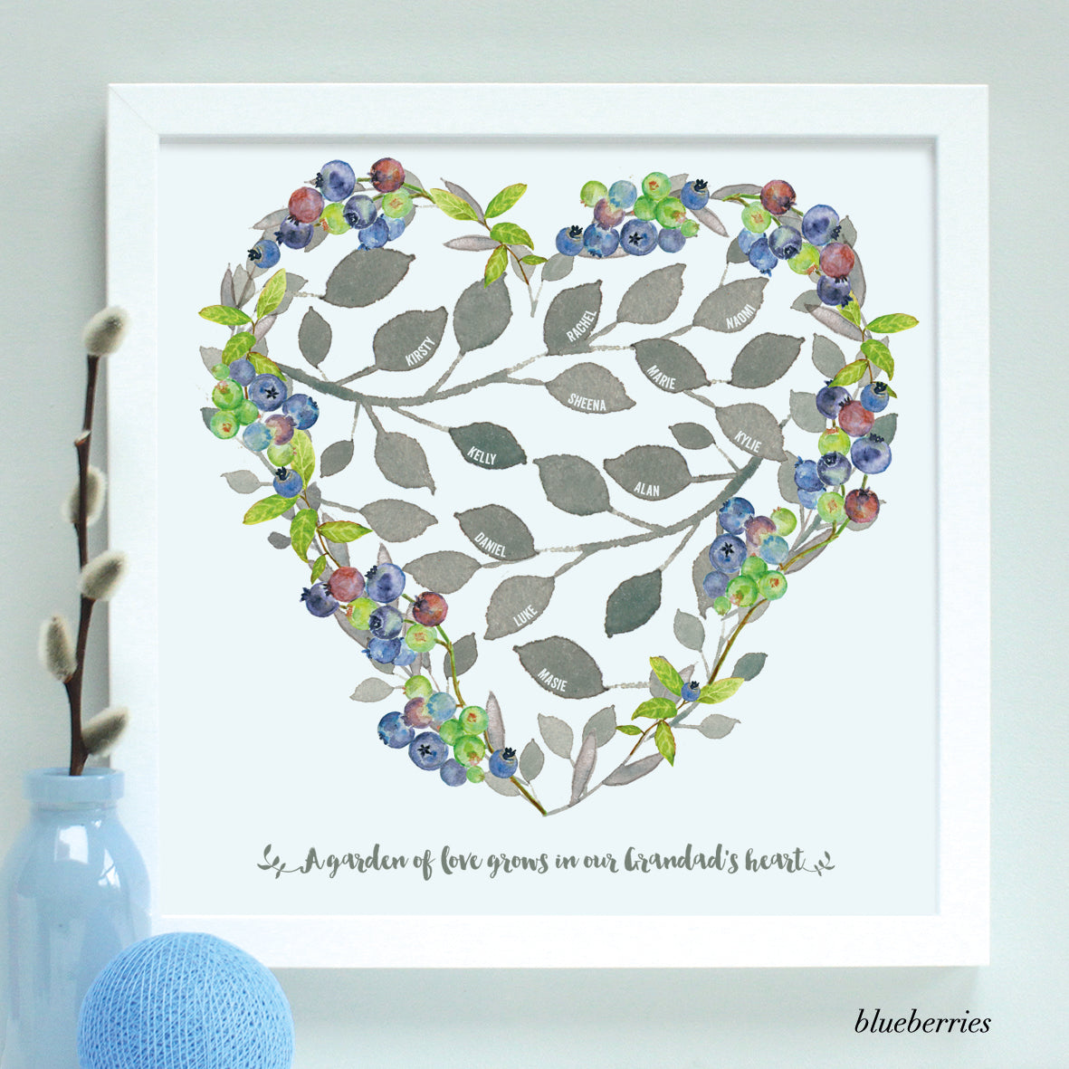 heart, grandfather, grandad framed print blueberries