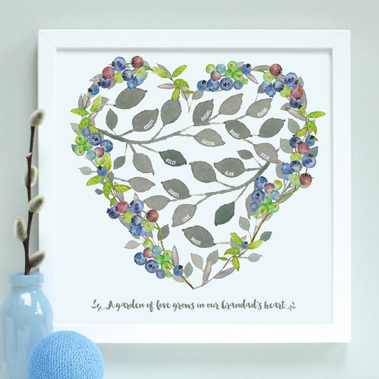 personalised grandfather heart family tree, white frame