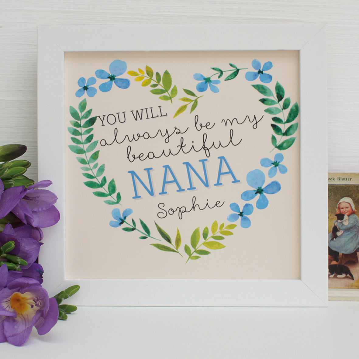 blue periwinkle floral heart print for nana, white frame