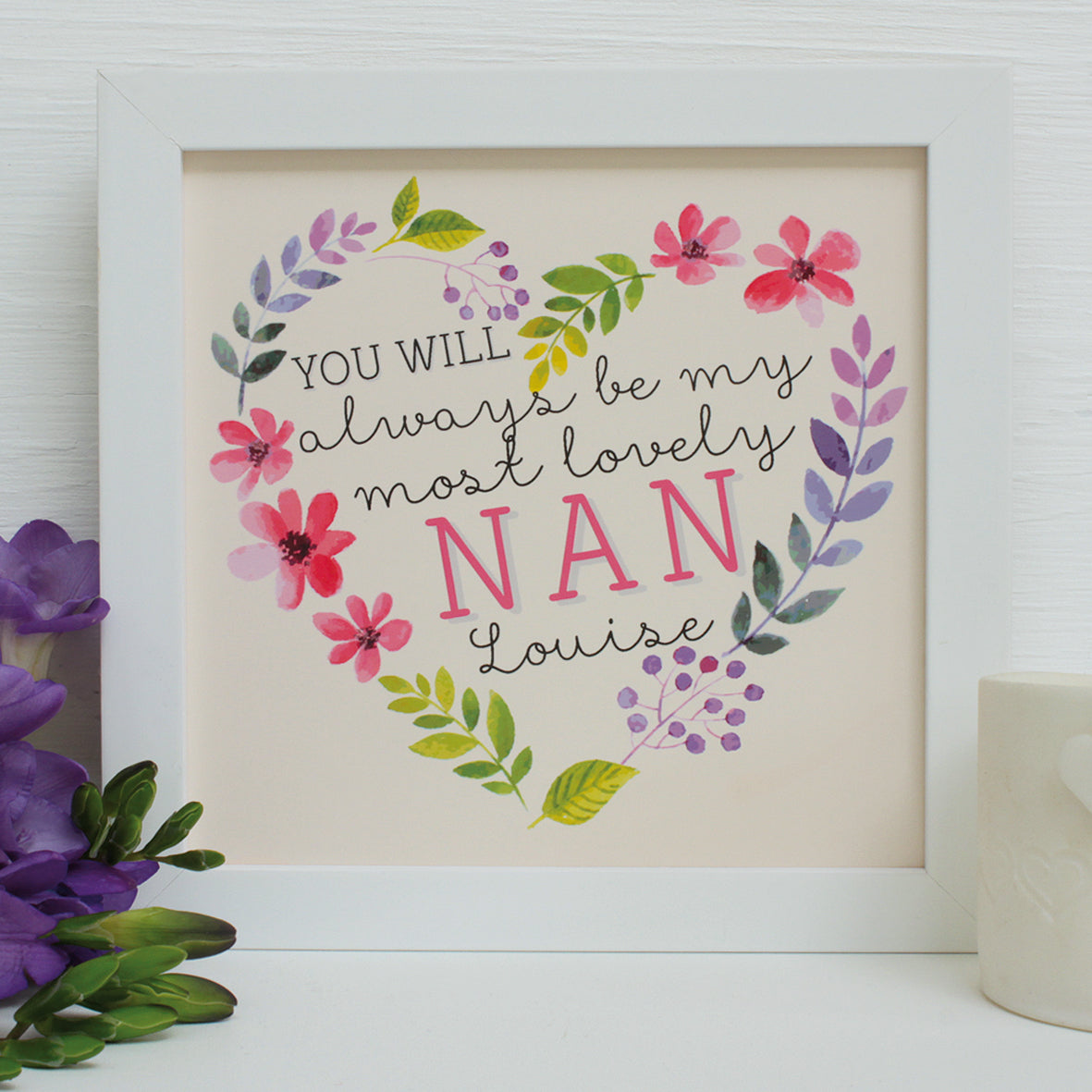 pink daisies heart for nan print, white frame