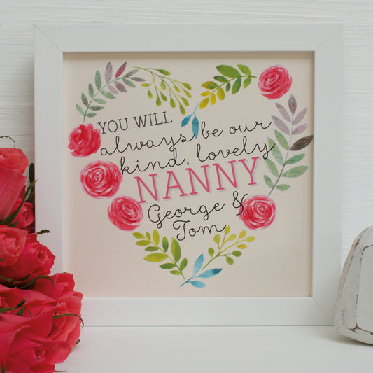 personalised roses floral heart for nanny, white frame