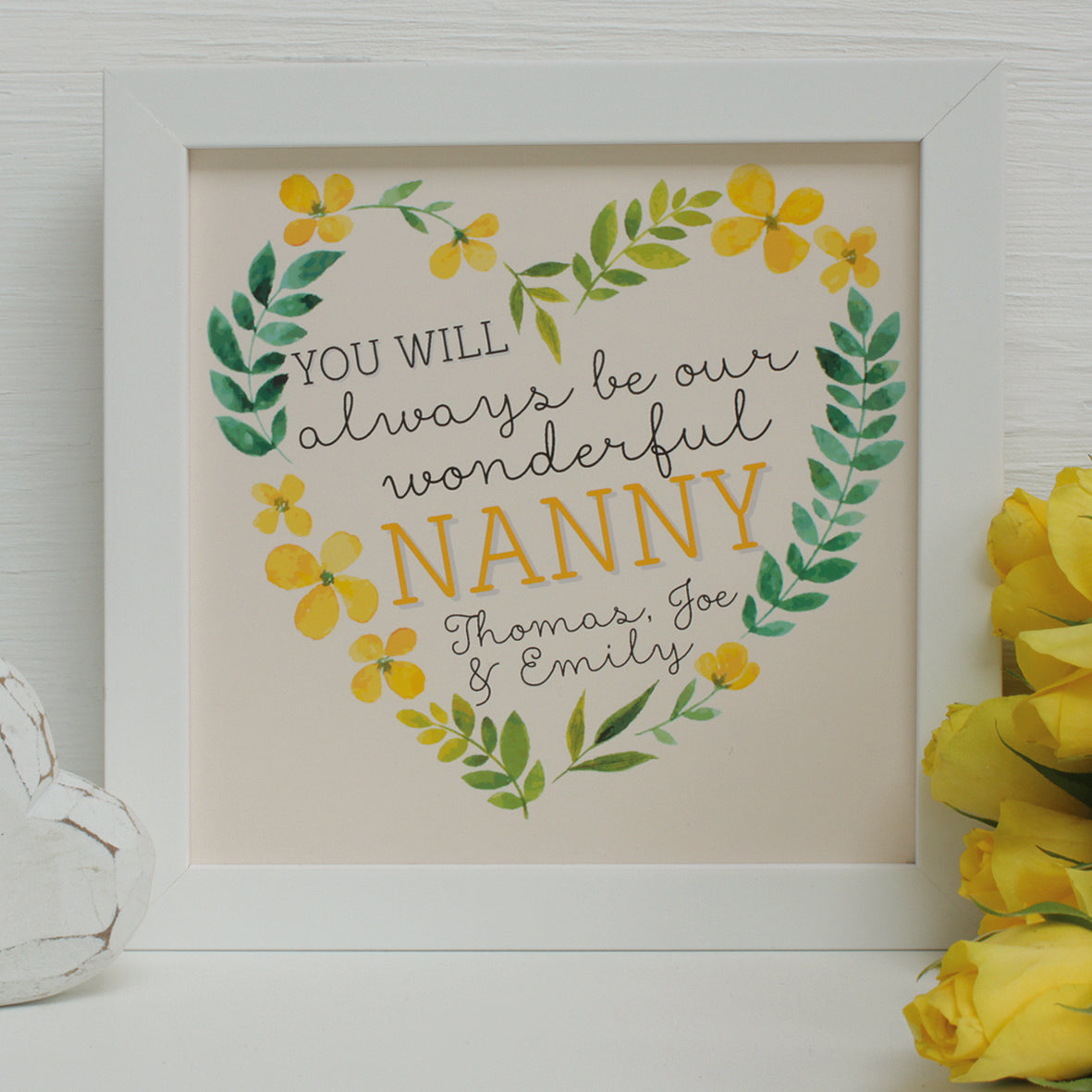 personalised yellow floral heart for nanny, white frame