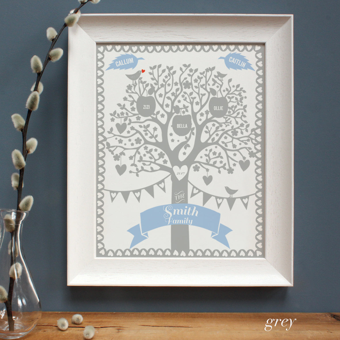 grey family apple tree in a white frame