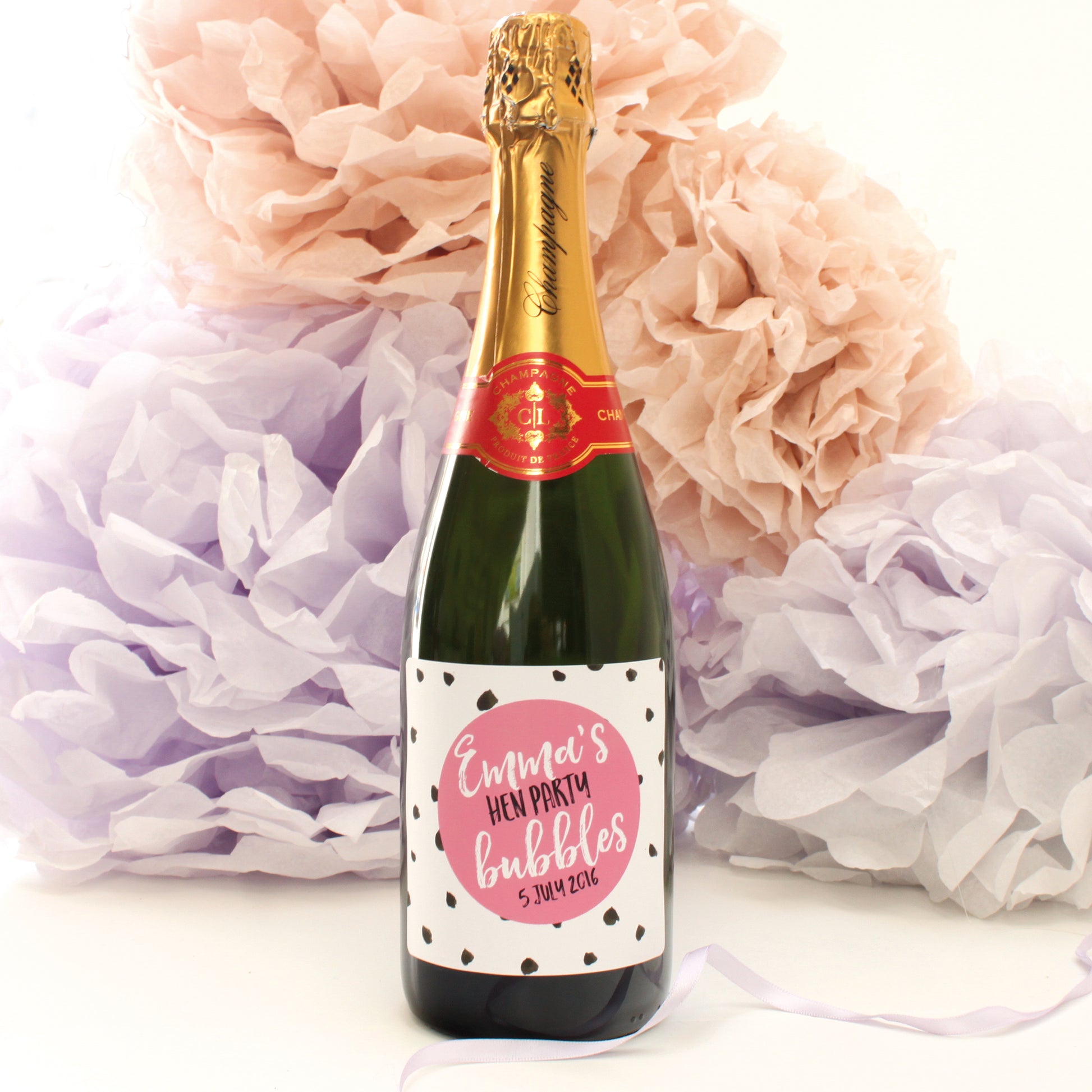 personalised hen party champagne labels, raspberry