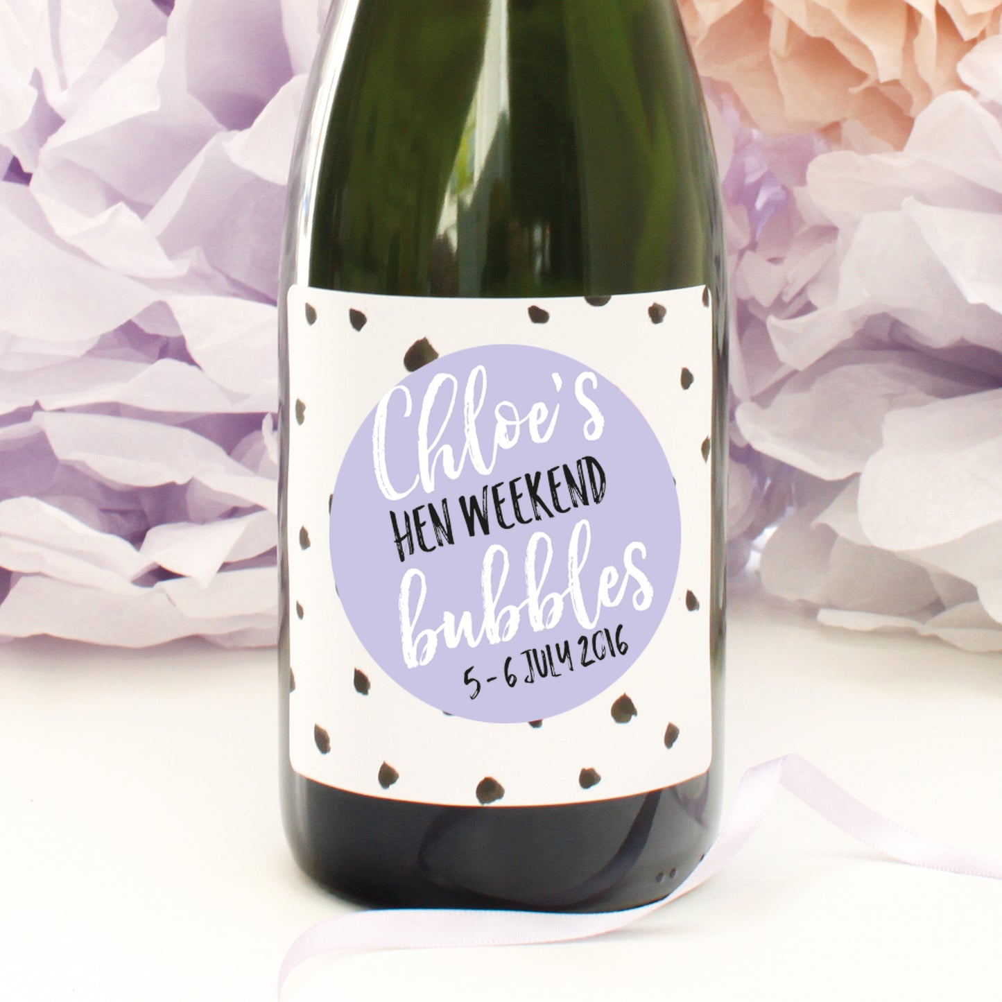 personalised hen party champagne labels, lilac