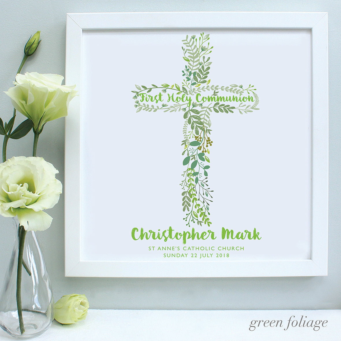 Holy Communion print, green foliage, white frame