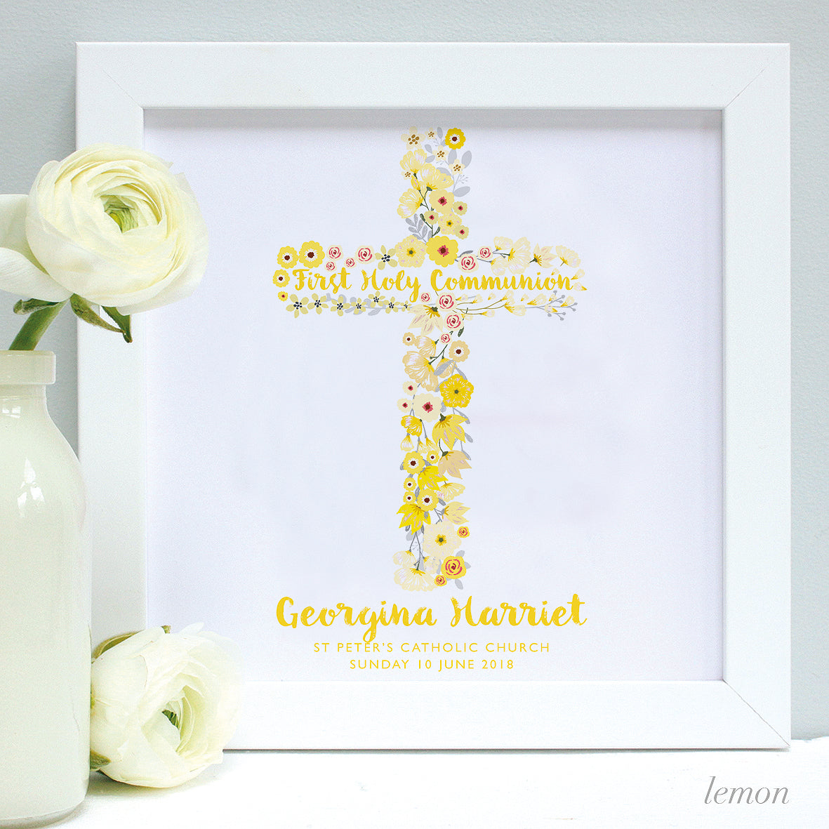 Catholic Holy Communion print, white frame