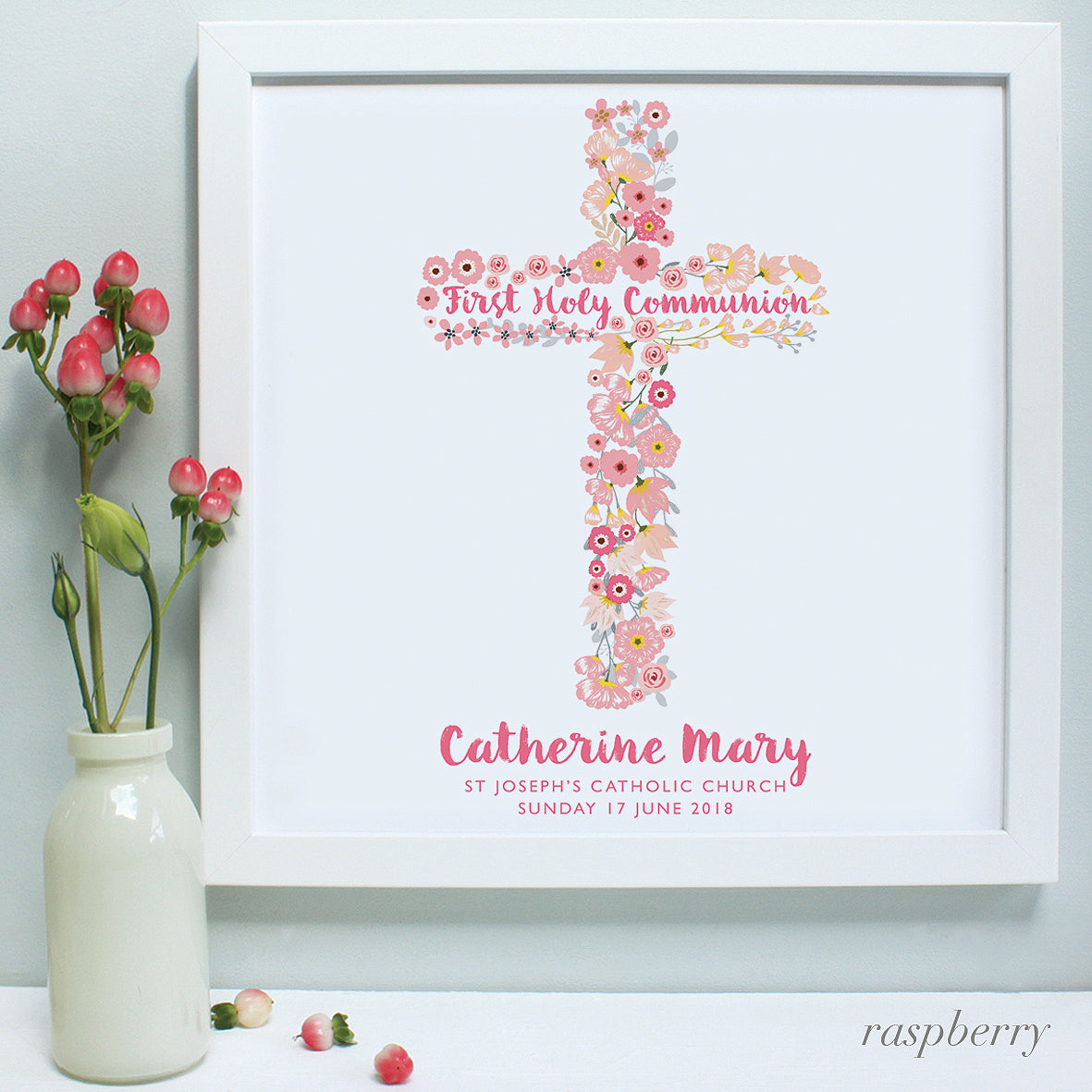 Religious Holy Communion print, white frame