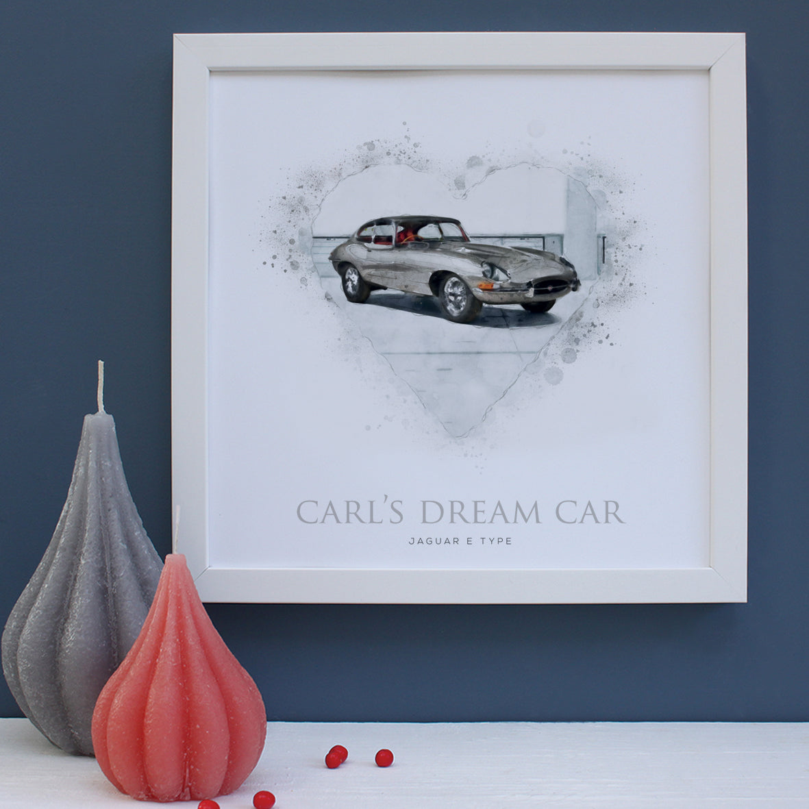 Jaguar E type illustration in a heart in a white frame