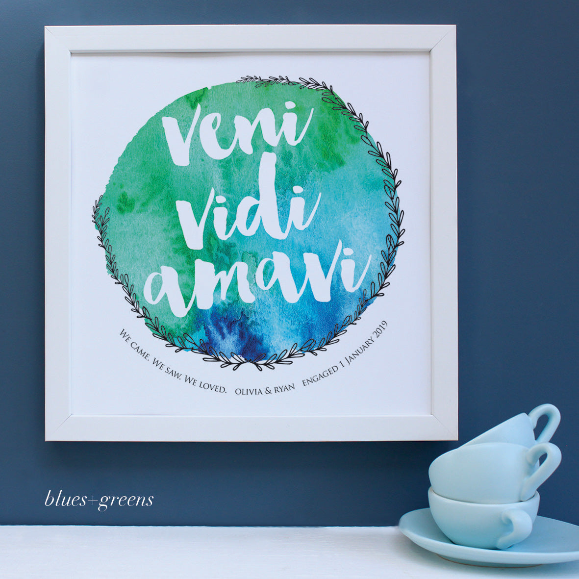 Personalised latin engagement print, blues and greens