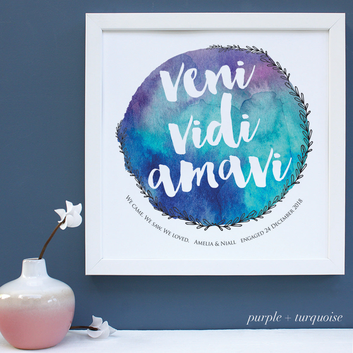 Personalised latin engagement print, purple and turquoise