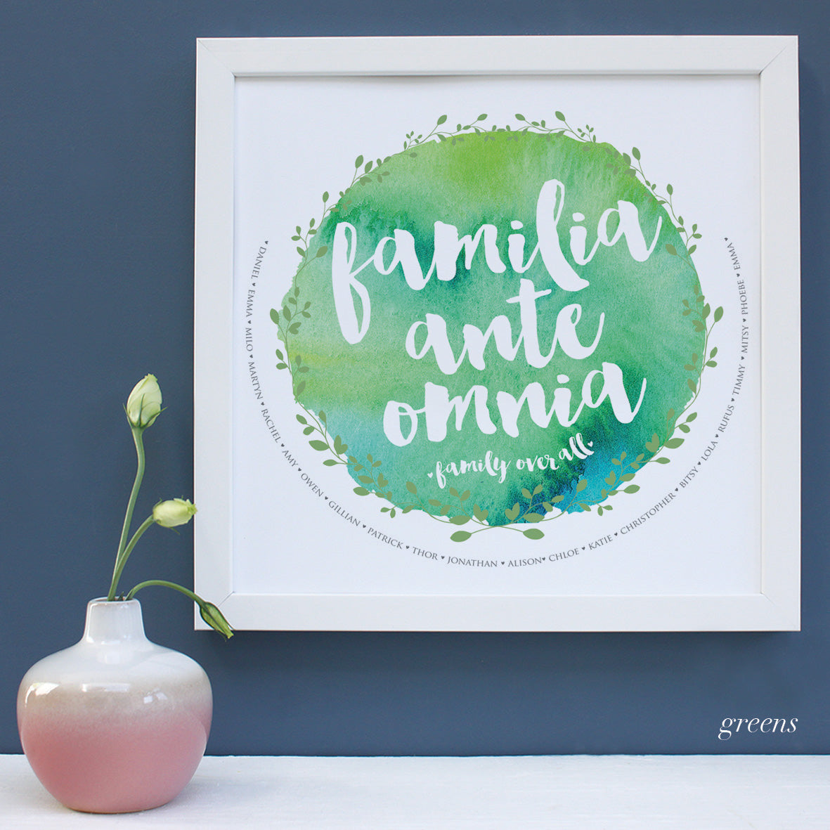 personalised greens watercolour family tree, white frame