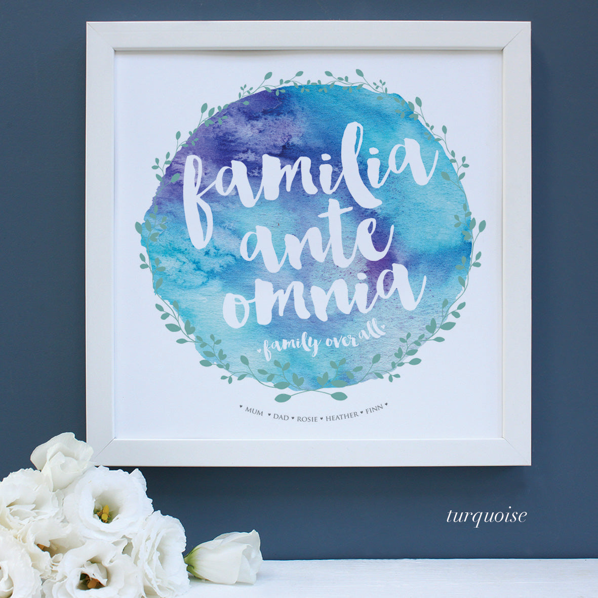 personalised turquoise watercolour family tree, white frame