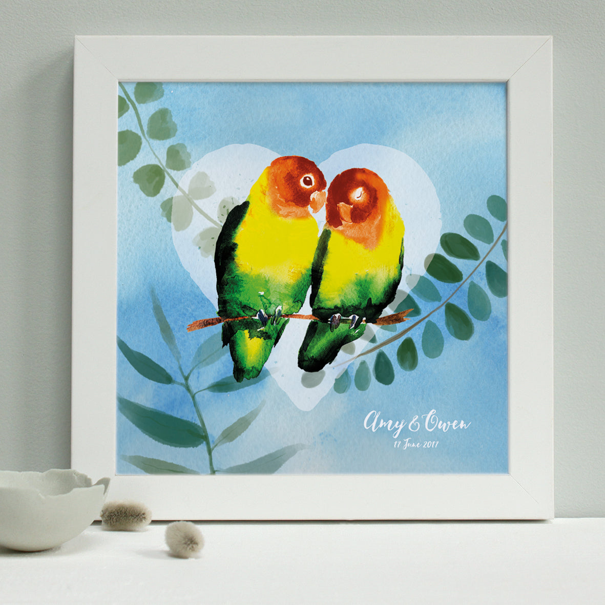 personalised sky blue lovebirds engagement print, white frame