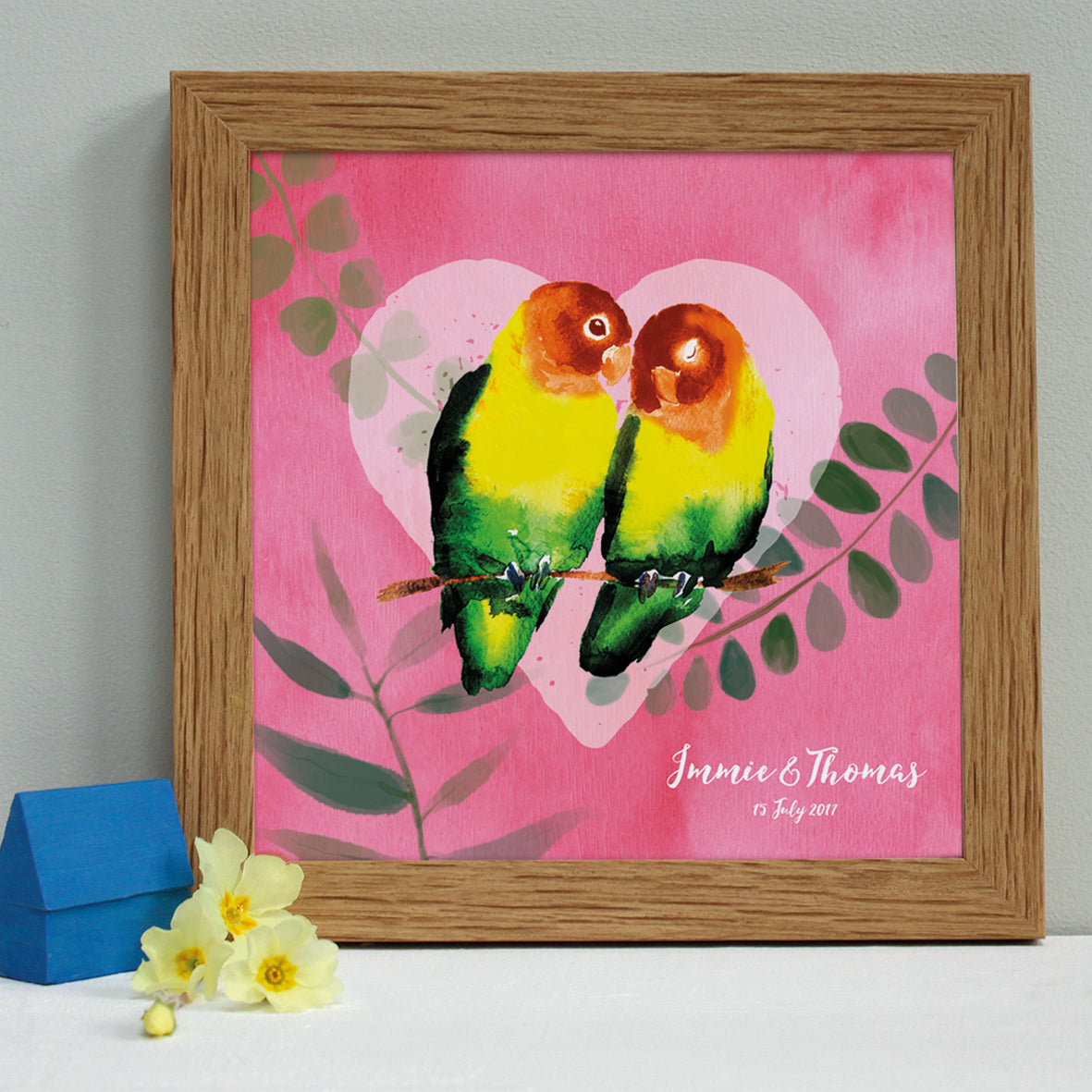 personalised dark pink lovebirds engagement print, oak frame