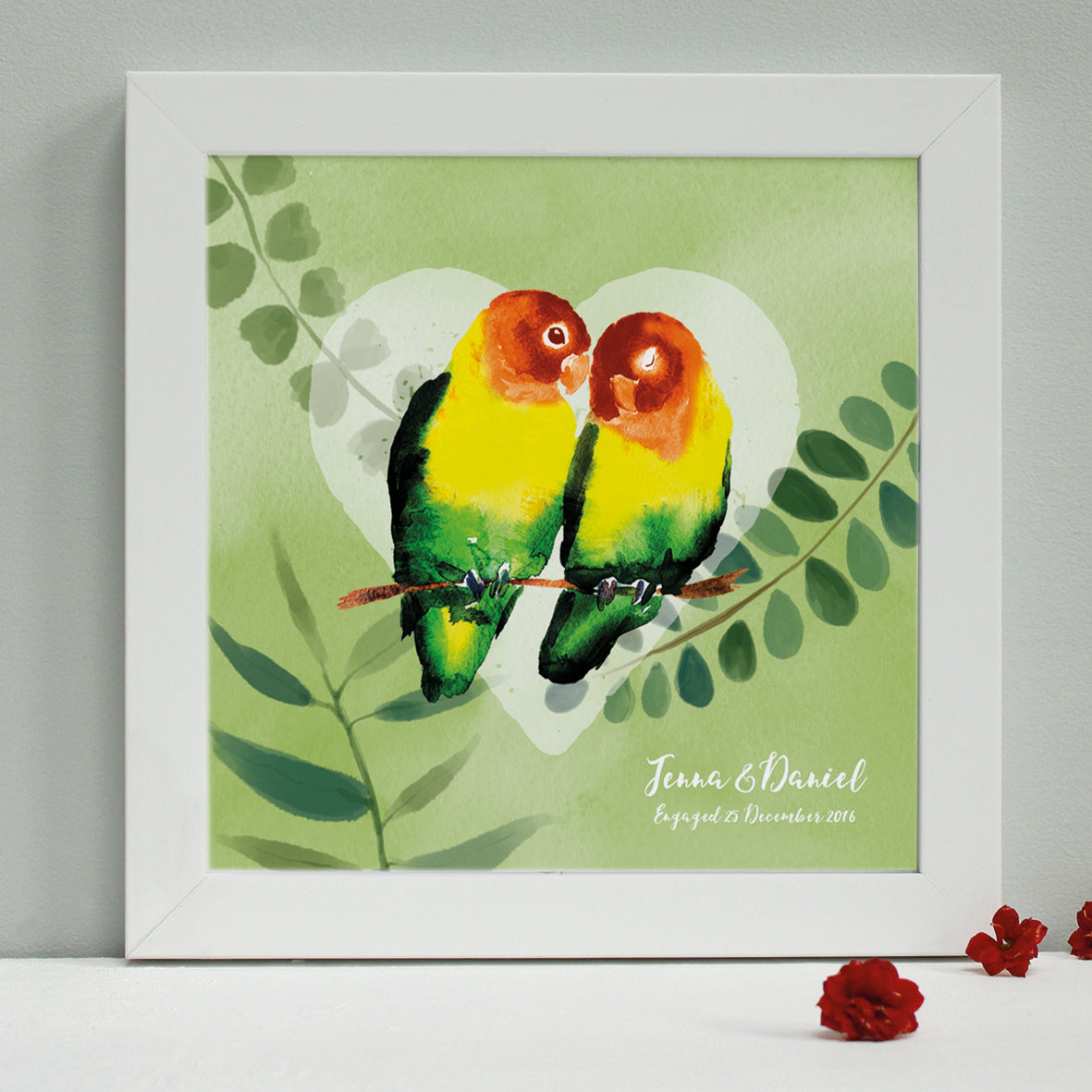 personalised tropical green lovebirds engagement print, white frame