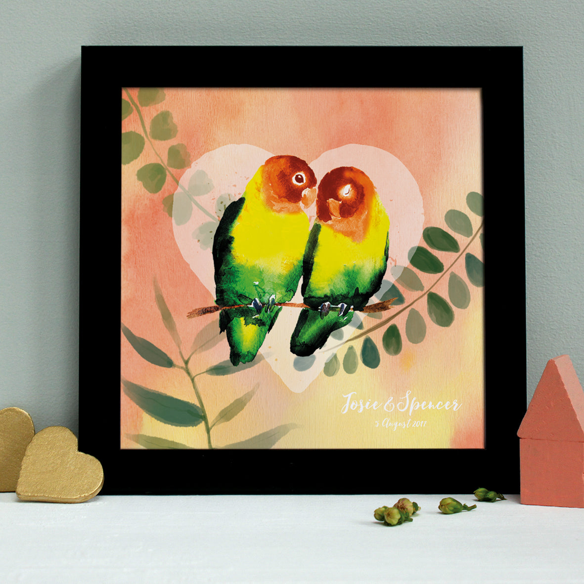 personalised peach lovebirds engagement print, black frame