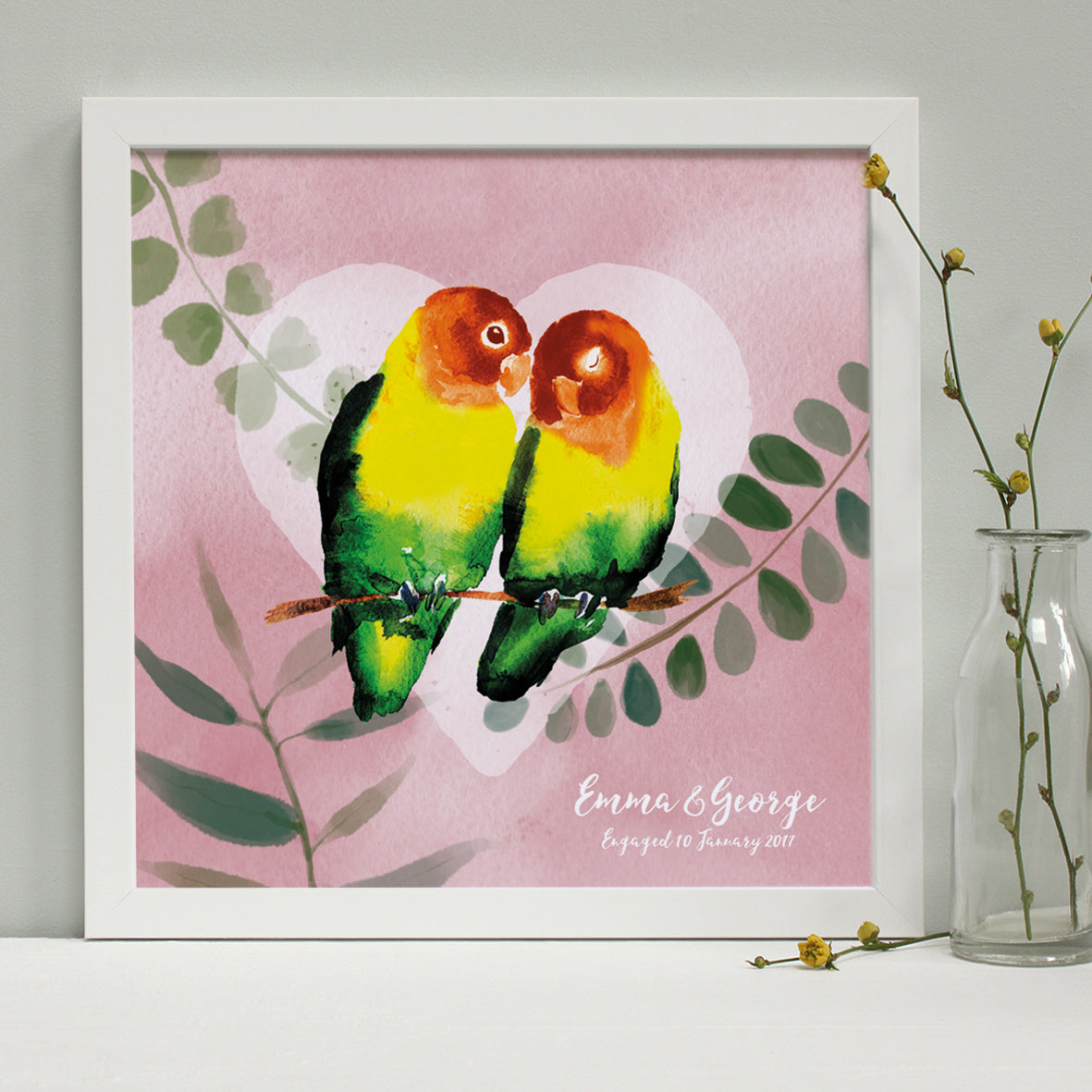 personalised blush lovebirds engagement print, white frame