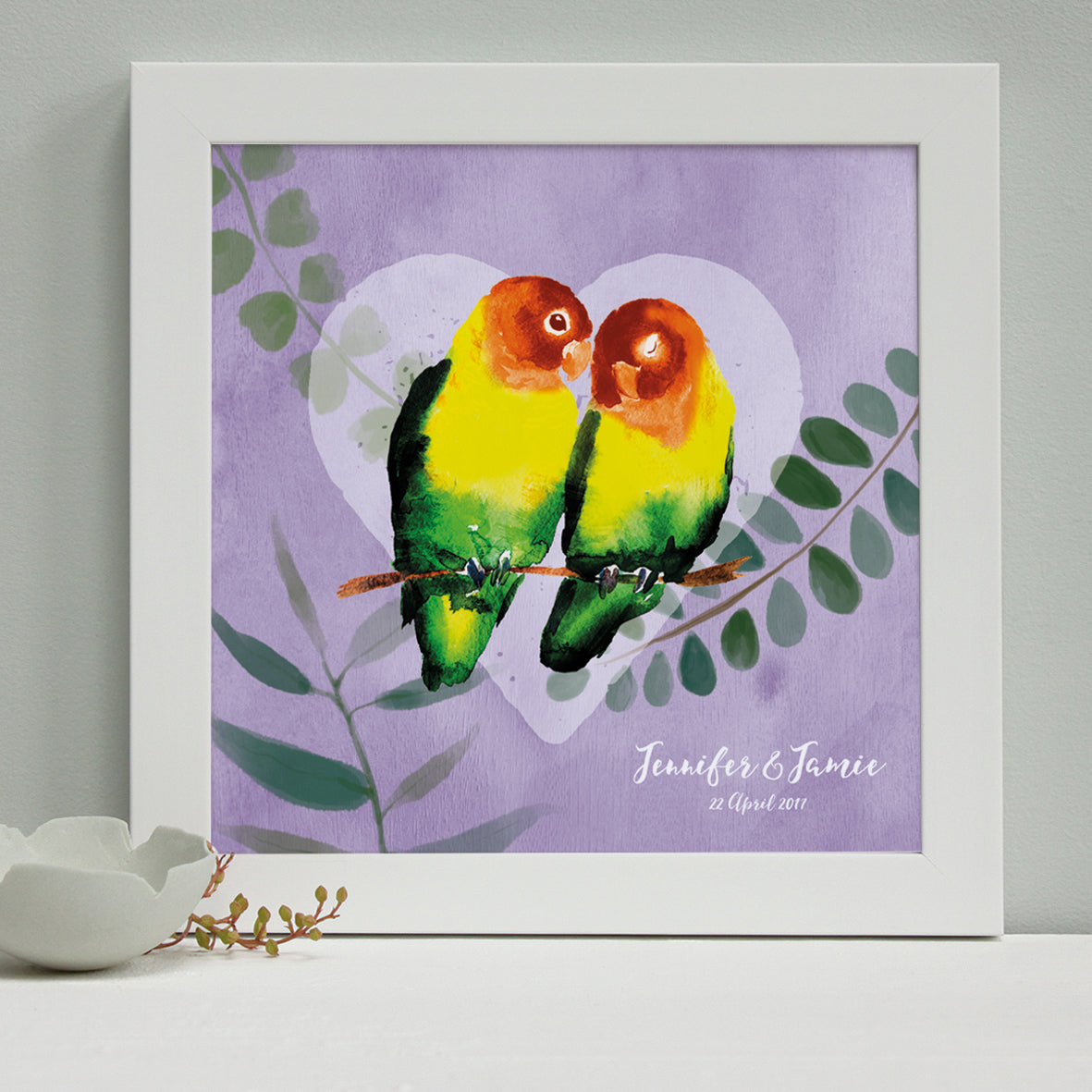 personalised tropical lilac lovebirds engagement print, white frame