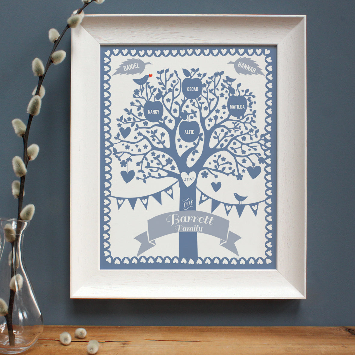 personalised blue illustration of family tree in white frame
