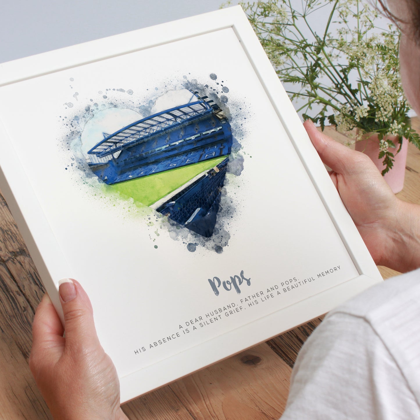 Chelsea Football Ground as a watercolour In Memory illustration in a white frame