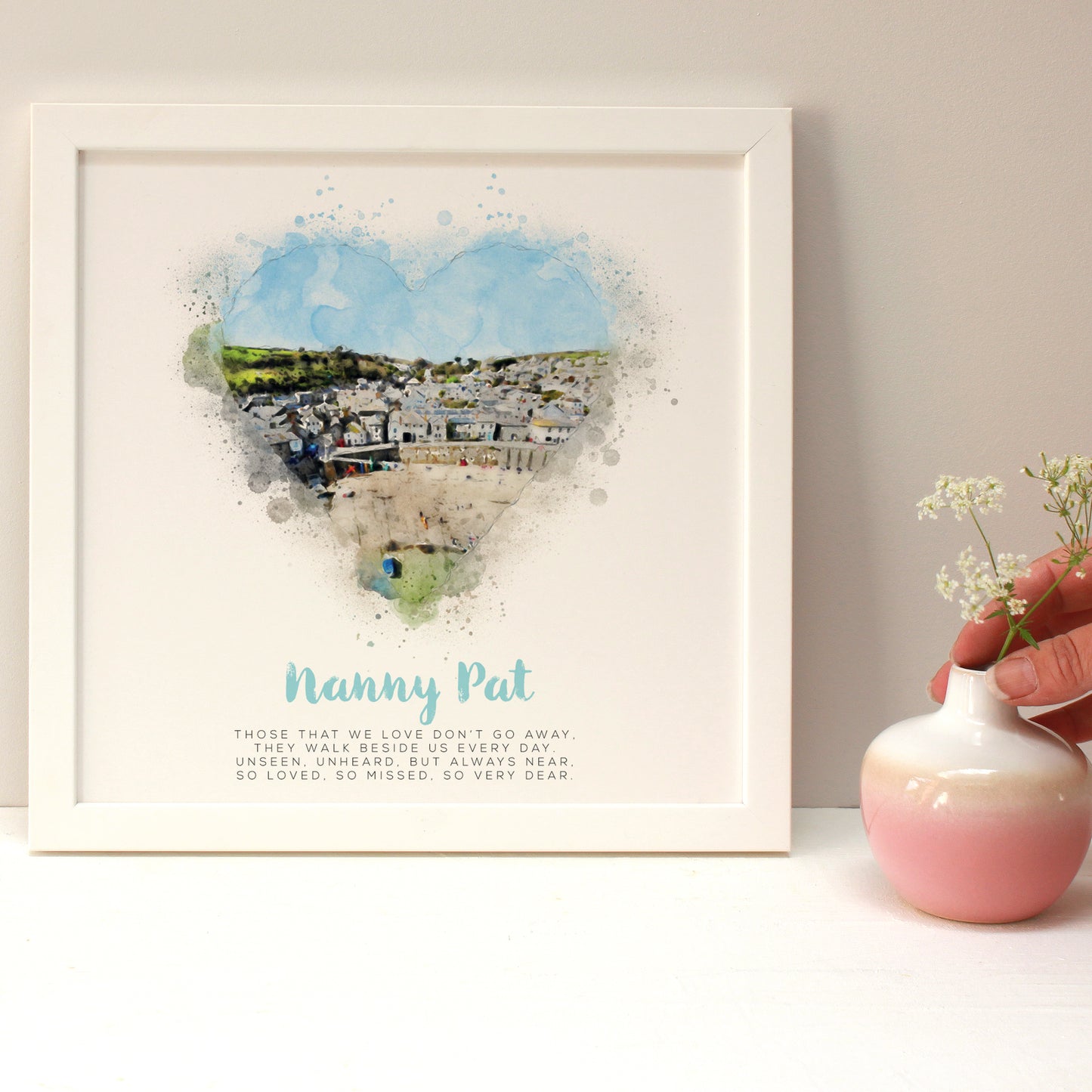 Drawing of Mousehole location as a memory to Nanny in a white frame