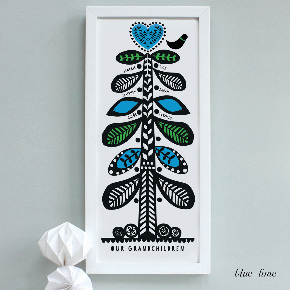 personalised scandi family tree, blue and lime