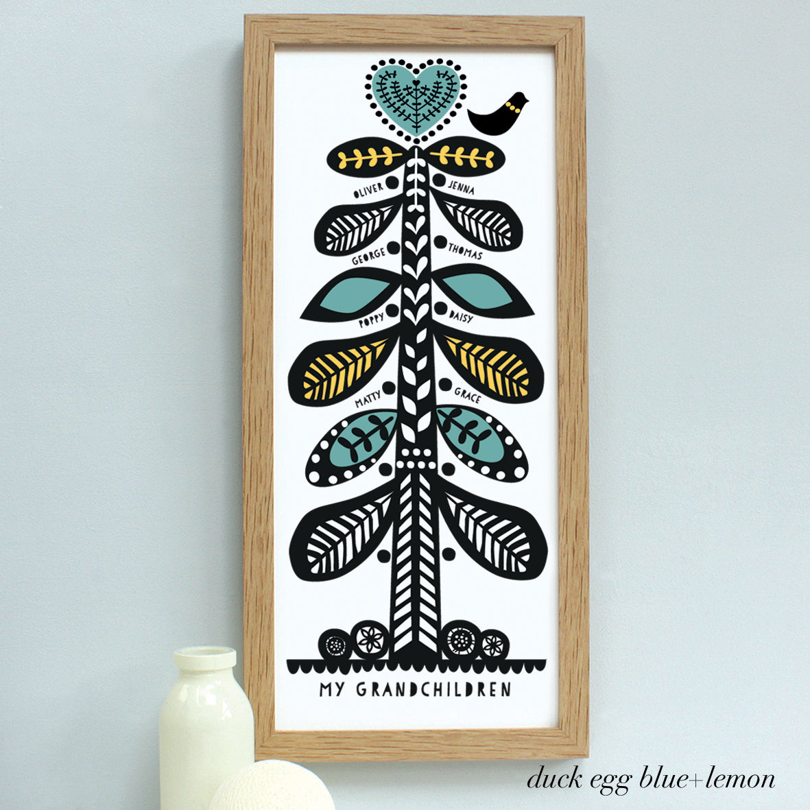 personalised scandi family tree, duck egg and lemon