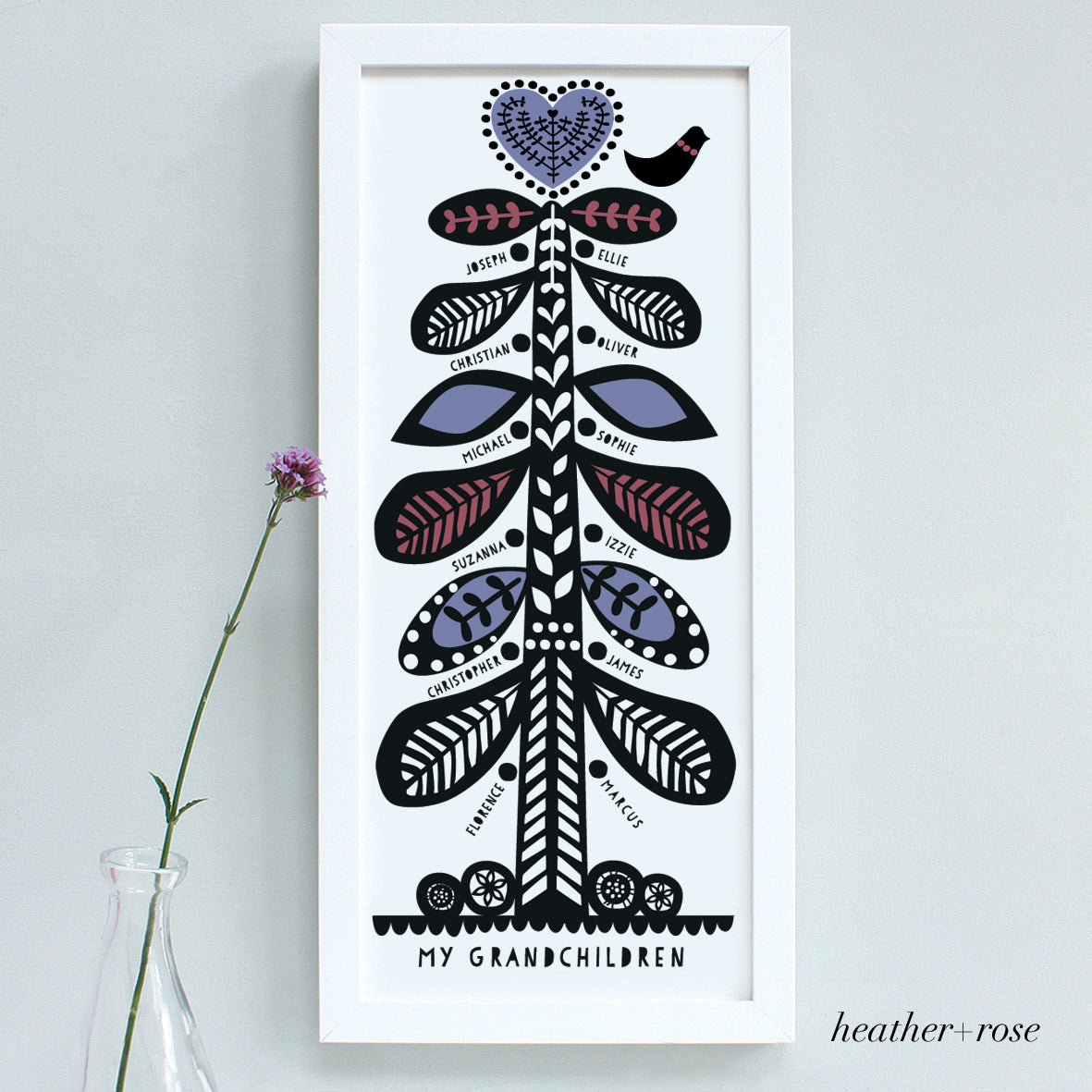 personalised scandi family tree, lavender and rose