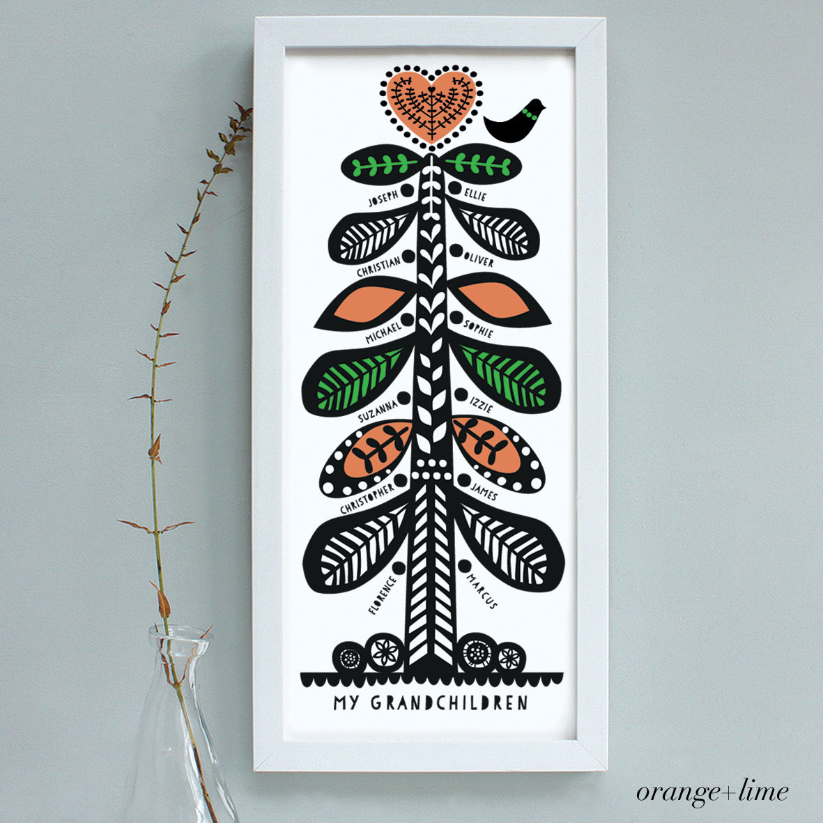 personalised scandi family tree, orange and lime