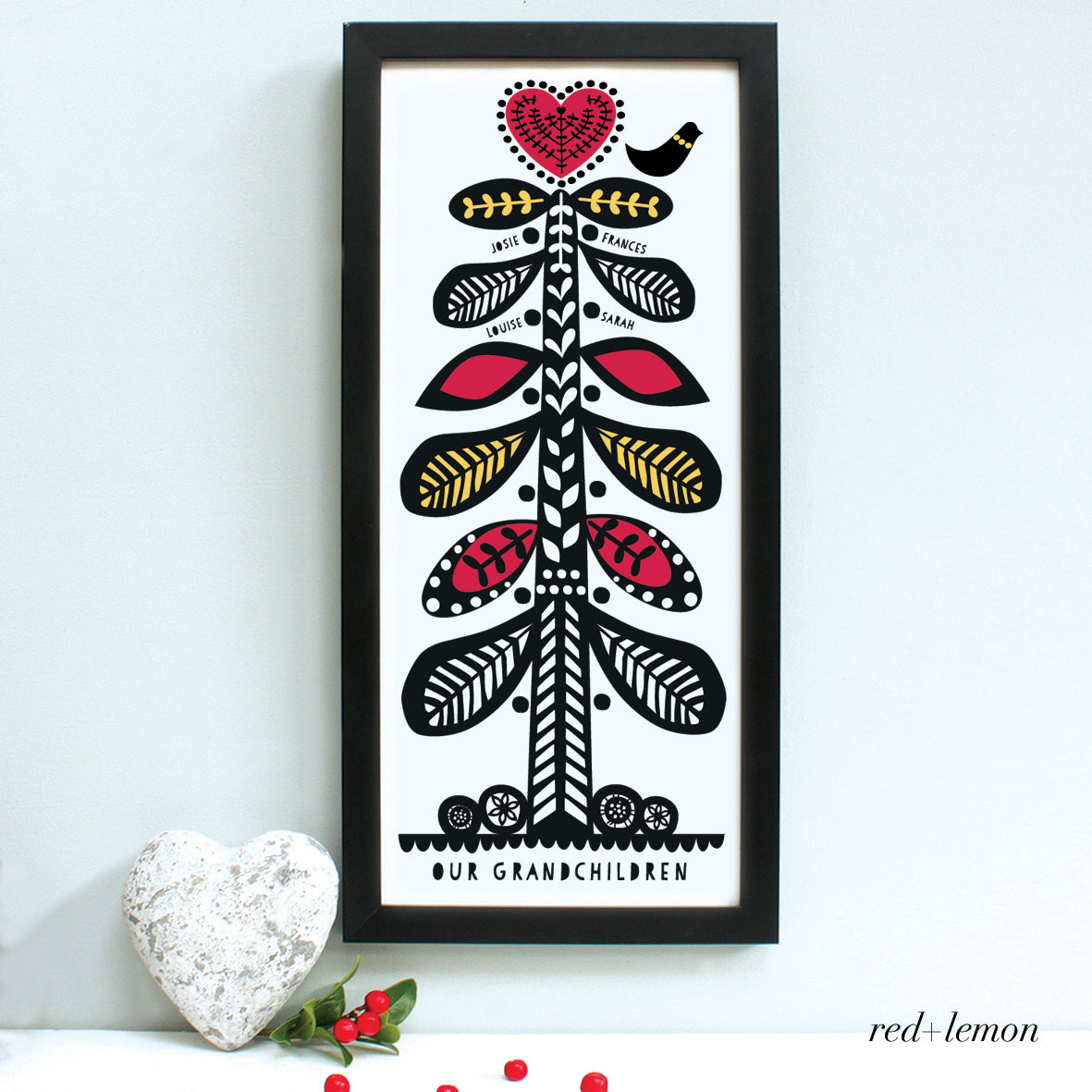 personalised scandi family tree, red and lemon