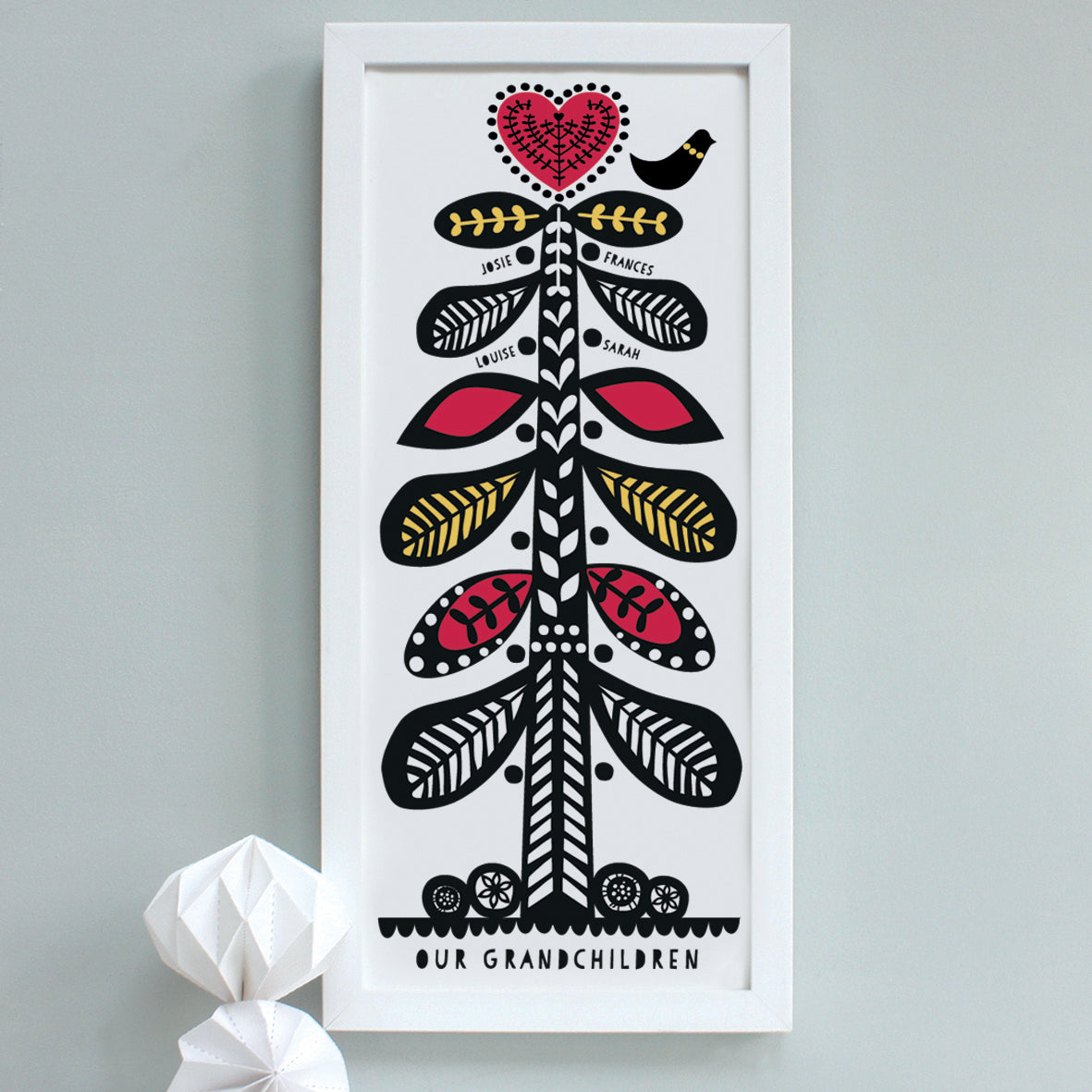 personalised scandi family tree, red and lemon