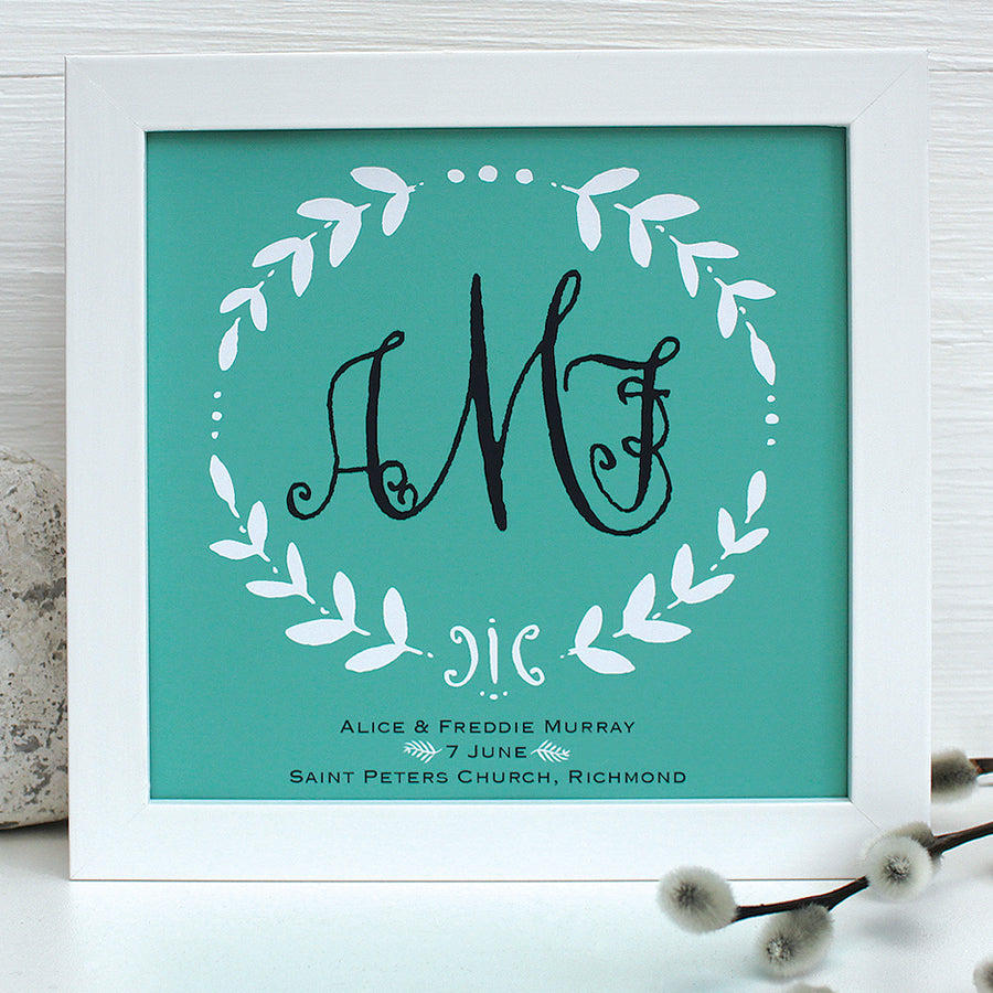 Wedding Monogram Framed Print, turquoise background in a white framed