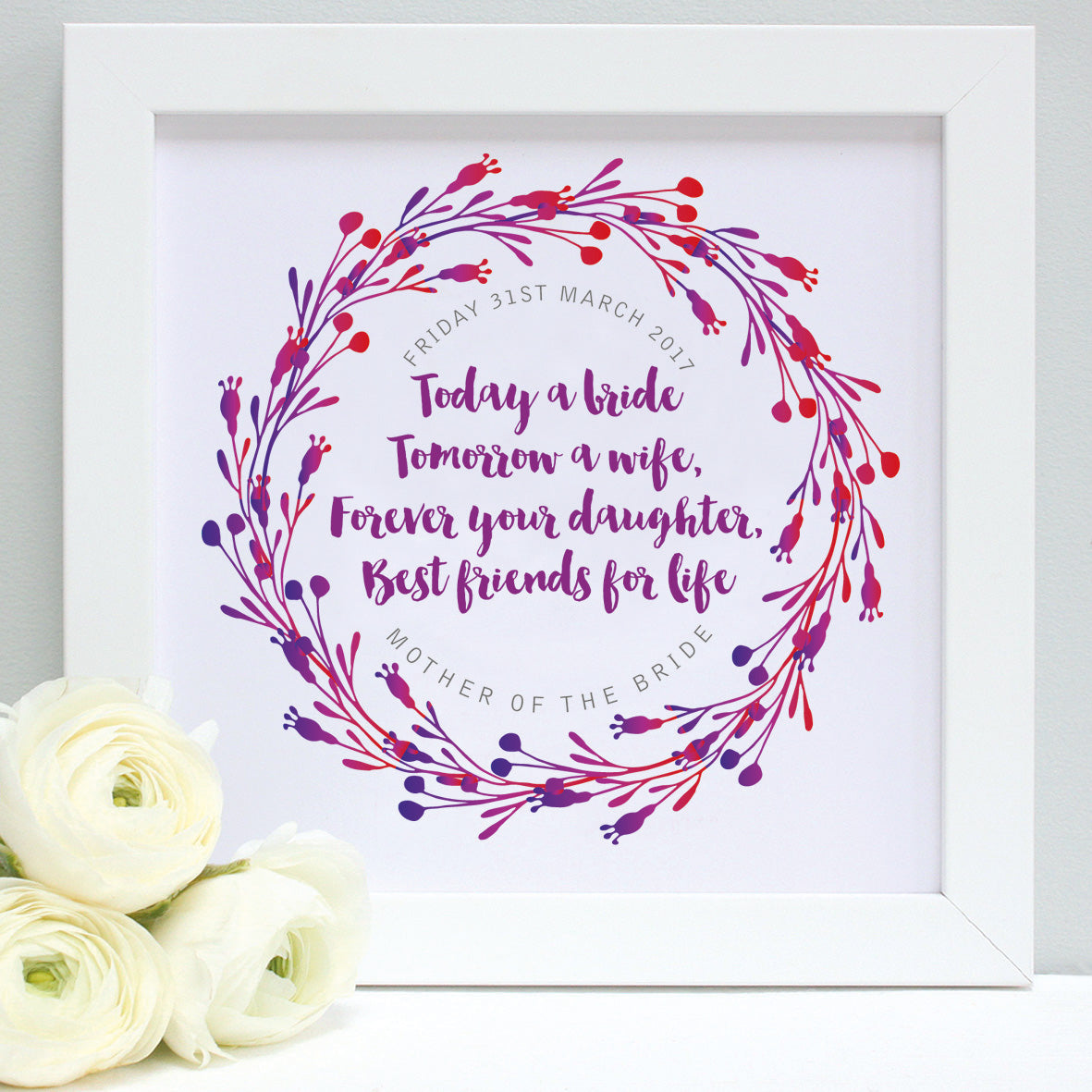 personalised mother of the bride print, reds and purples