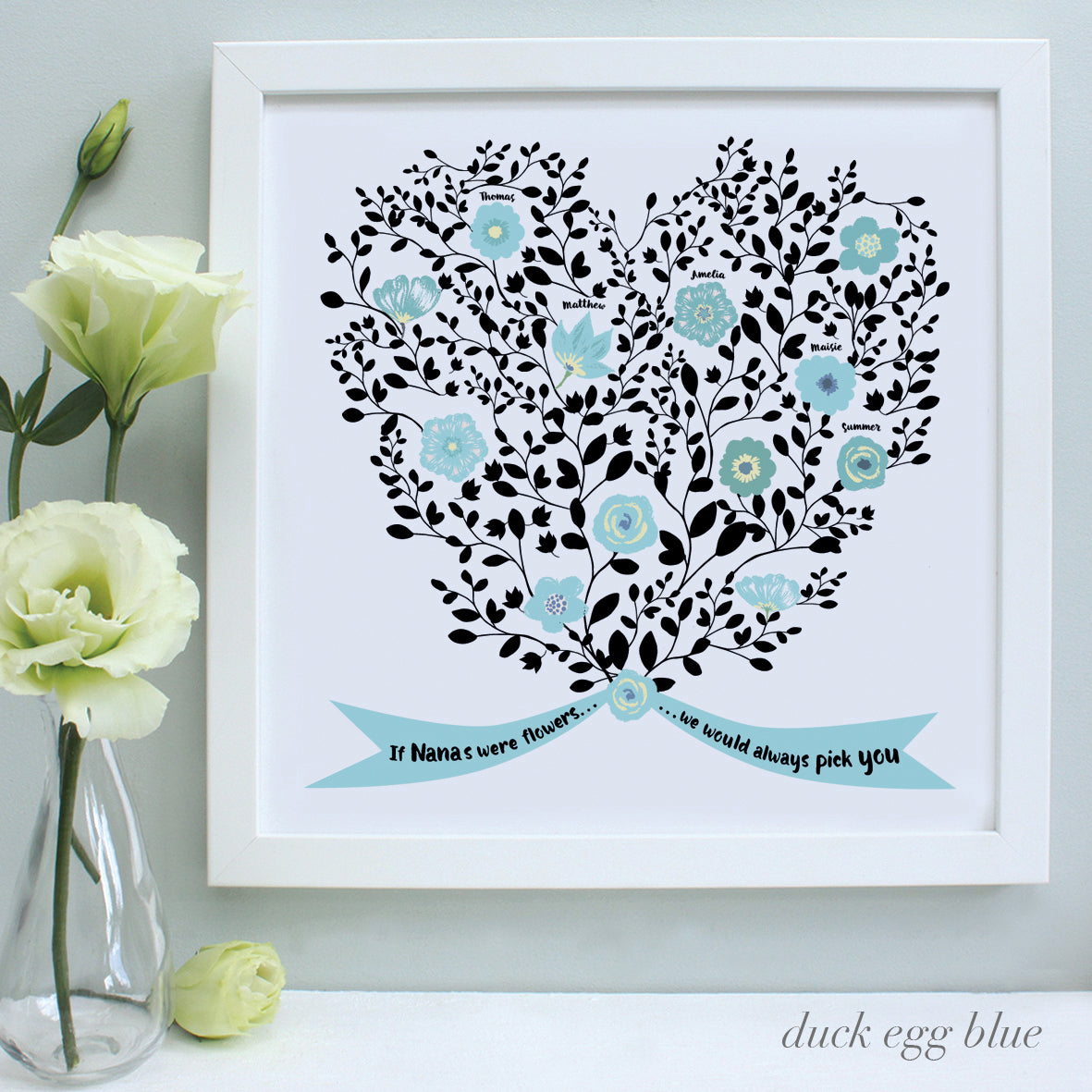 personalised mother bouquet print, duck egg blue