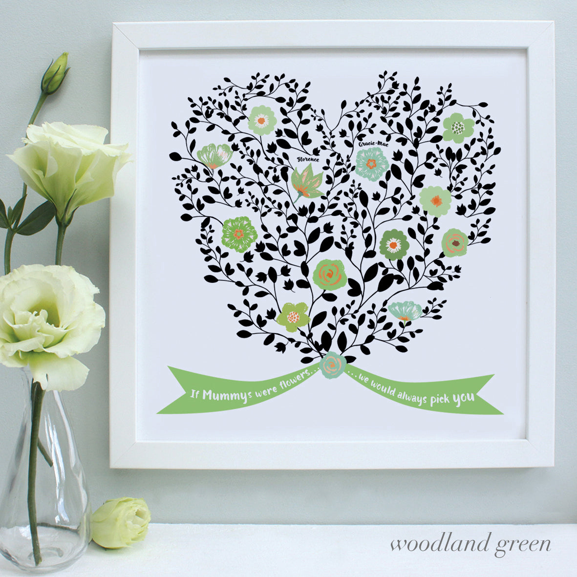 personalised mother bouquet print, woodland green