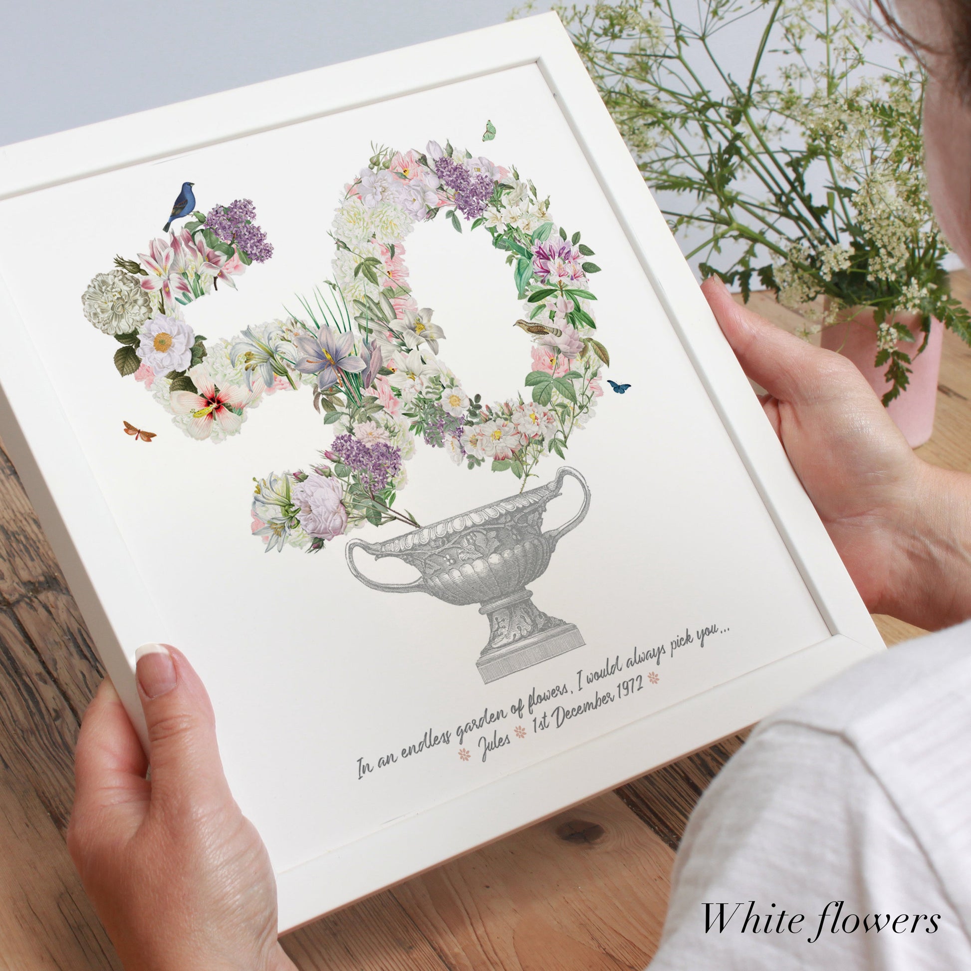 50th birthday gift with white flowers in a Victorian urn in a white frame