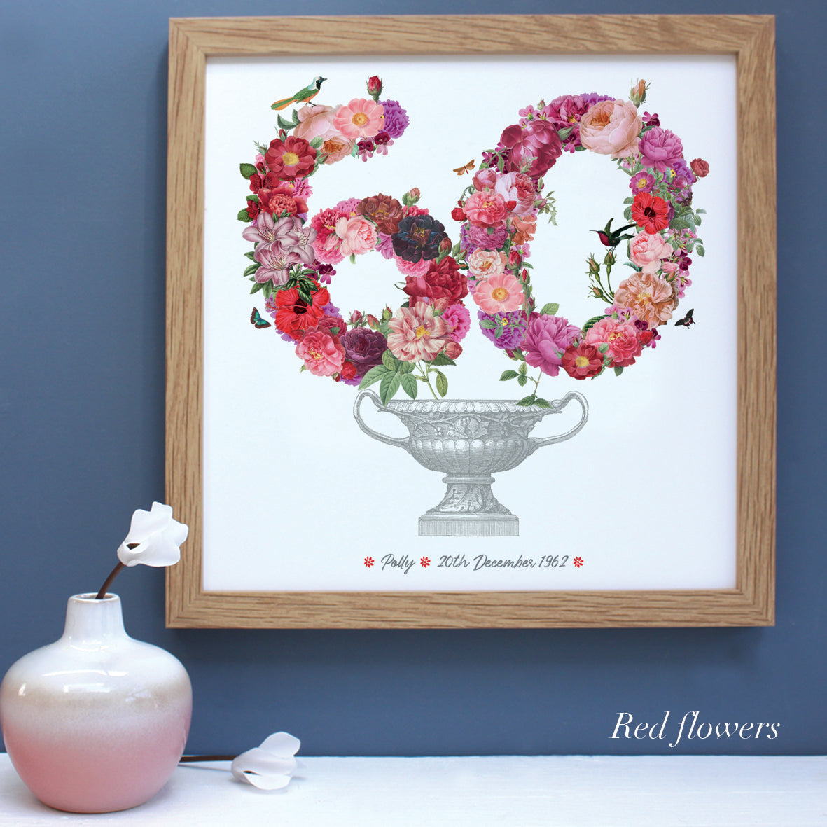60th birthday gift with red flowers in an oak veneer frame