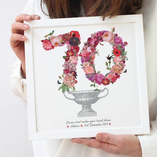 70th birthday gift made with red flowers in a white frame