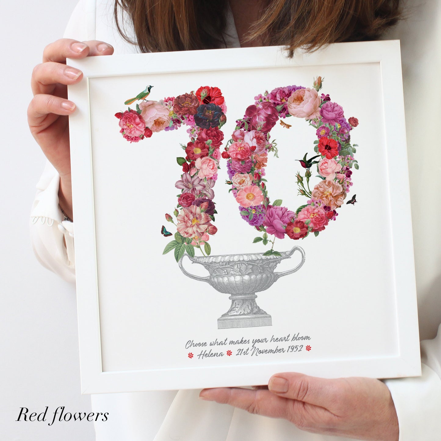 birthday 70th gift print with red flowers in a white frame