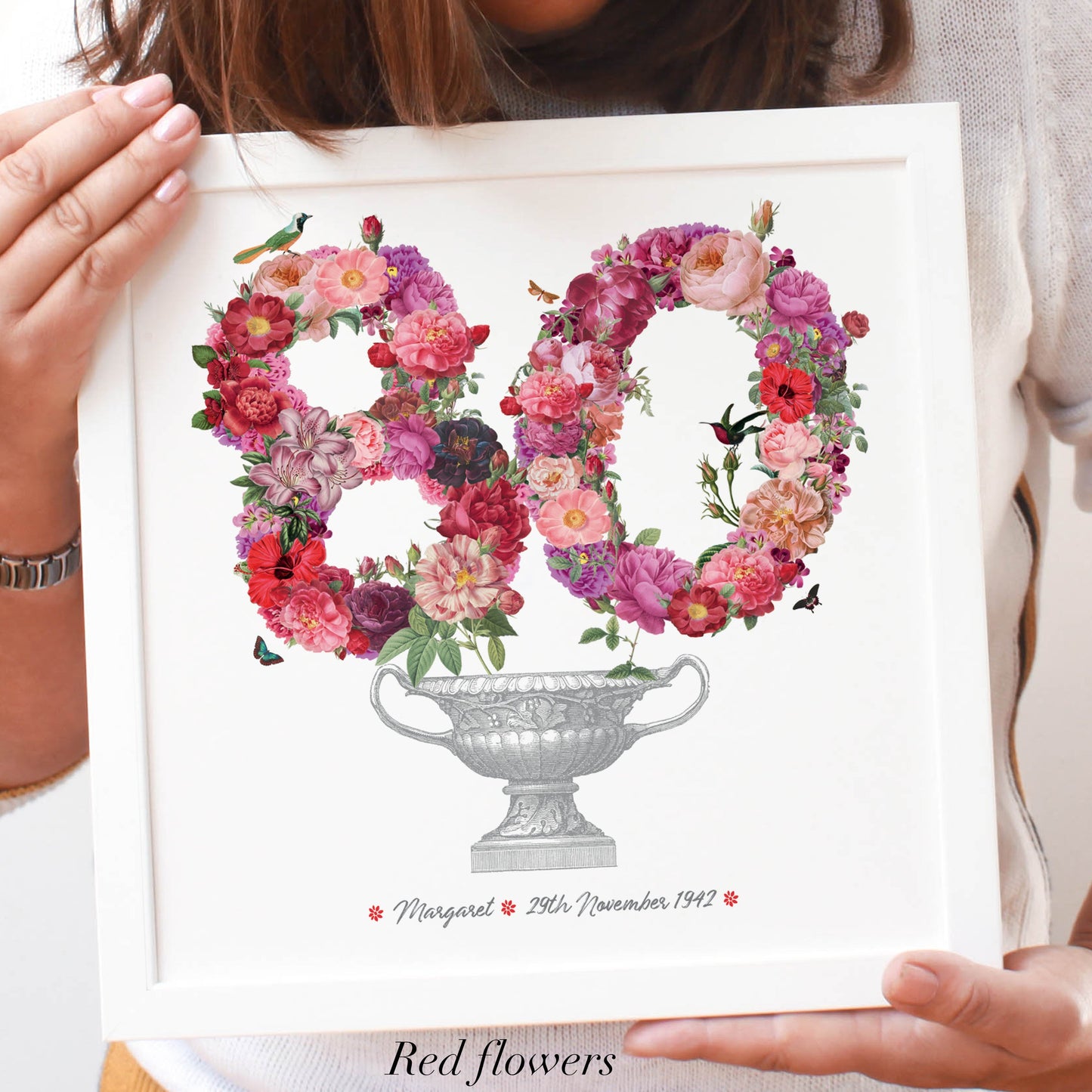 80th birthday gift with red flowers in an antique urn drawing in a white frame