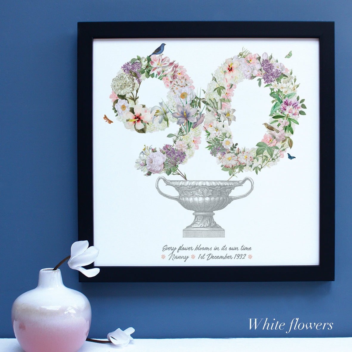 90th birthday gift framed print with white flowers in a black frame