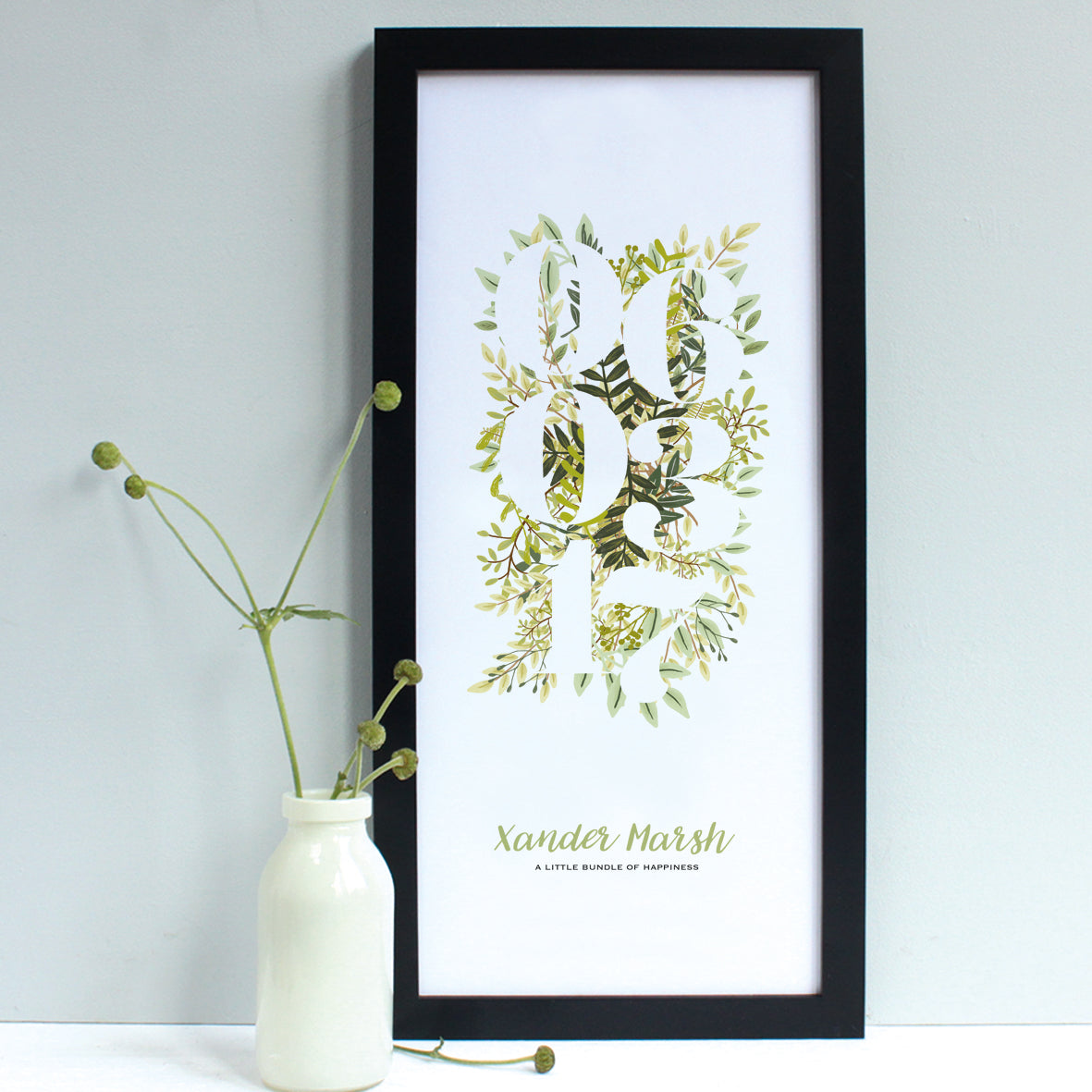 personalised new baby floral print, green flowers